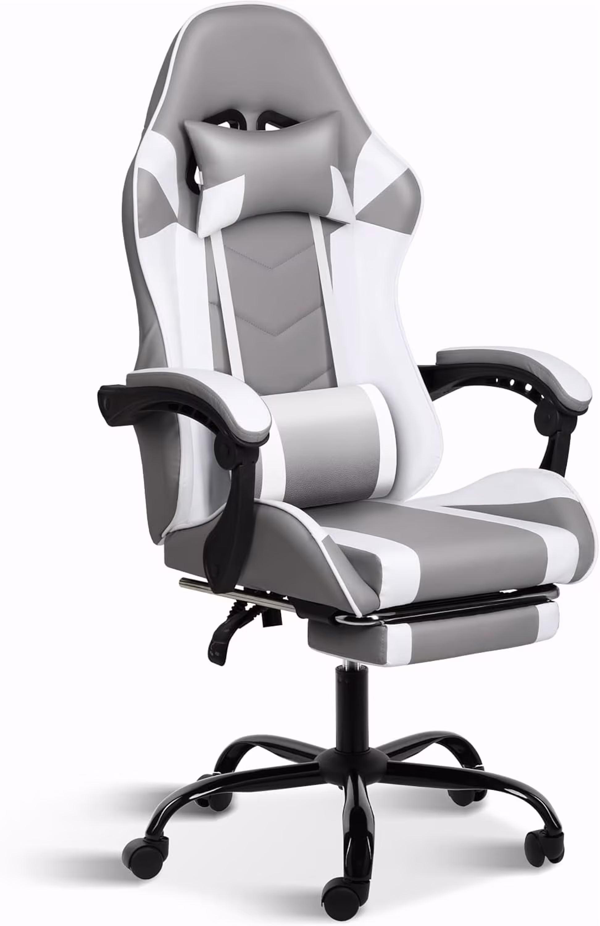 SECONDPEAK Gaming Chair, Backrest and Seat Height Adjustable Swivel Recliner Racing Office Computer Ergonomic Video Game Chair with Footrest and Lumbar Support Grey/White With Footrest