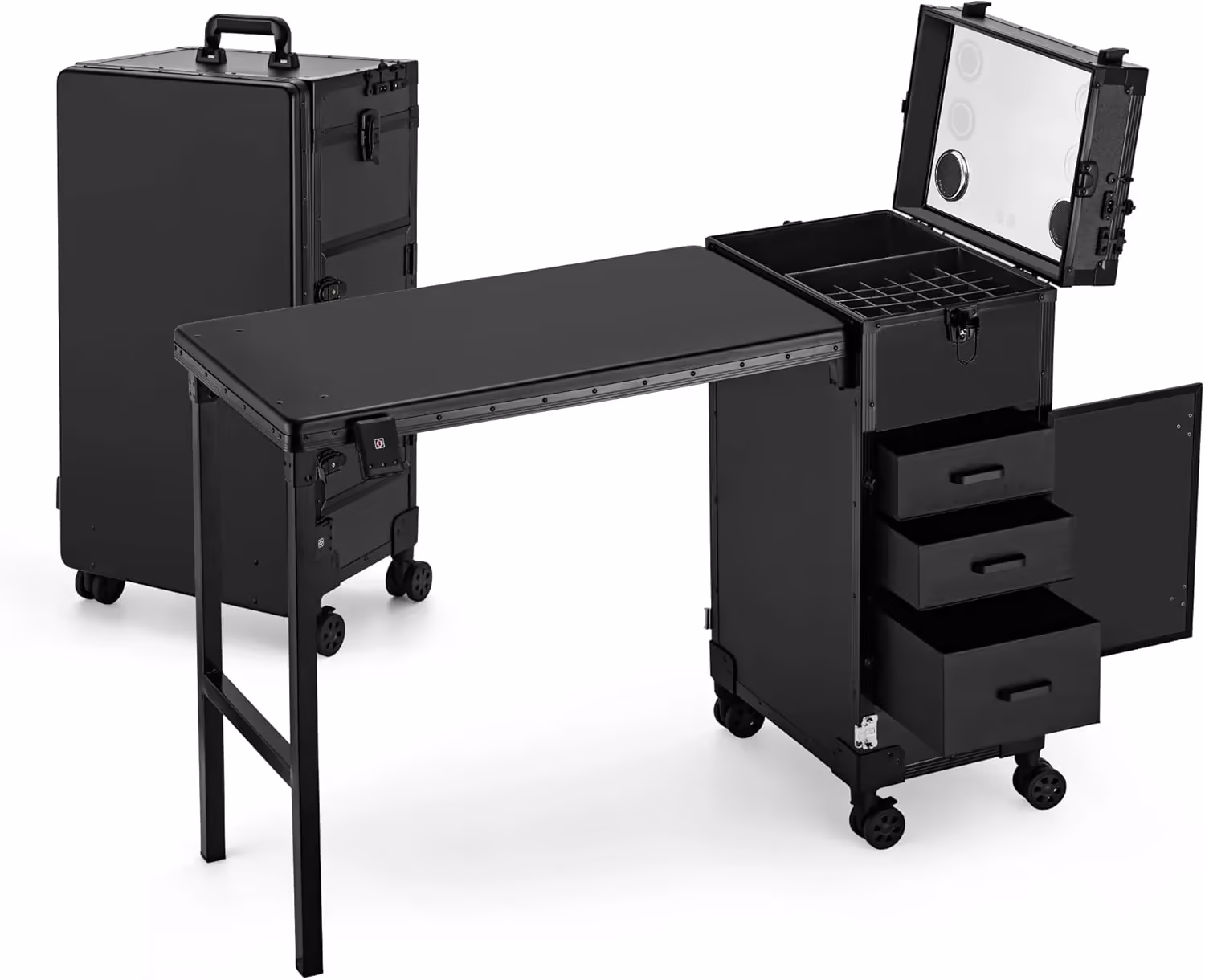 Rolling Manicure Table with Drawers, Bluetooth Speaker, LED Mirror, TSA Lock