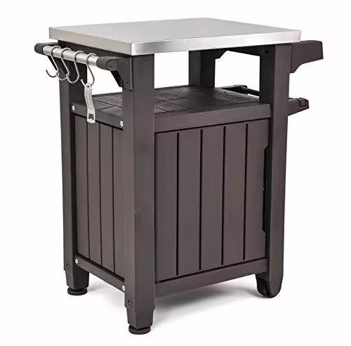Unity Portable Outdoor Table and Storage Cabinet with Hooks for Grill Accessories-Stainless Steel Top for Patio Kitchen Island or Bar Cart, Espresso Brown