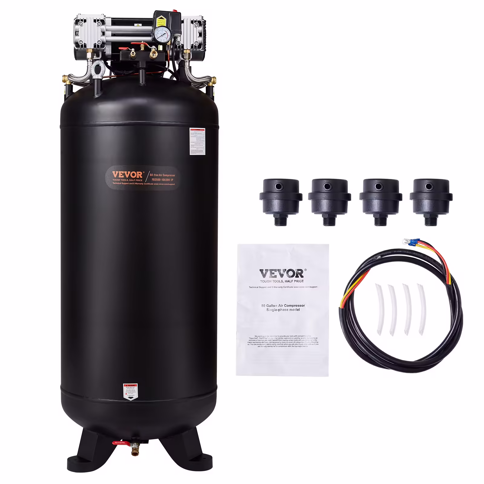 VEVOR 80 Gallon Compressor, 6.5HP, 15.5SCFM@90 PSI, Dual-Stage 145PSI, Oil-Free, 86dB Quiet Operation, Ideal for Manufacturing, Construction, Auto Repair