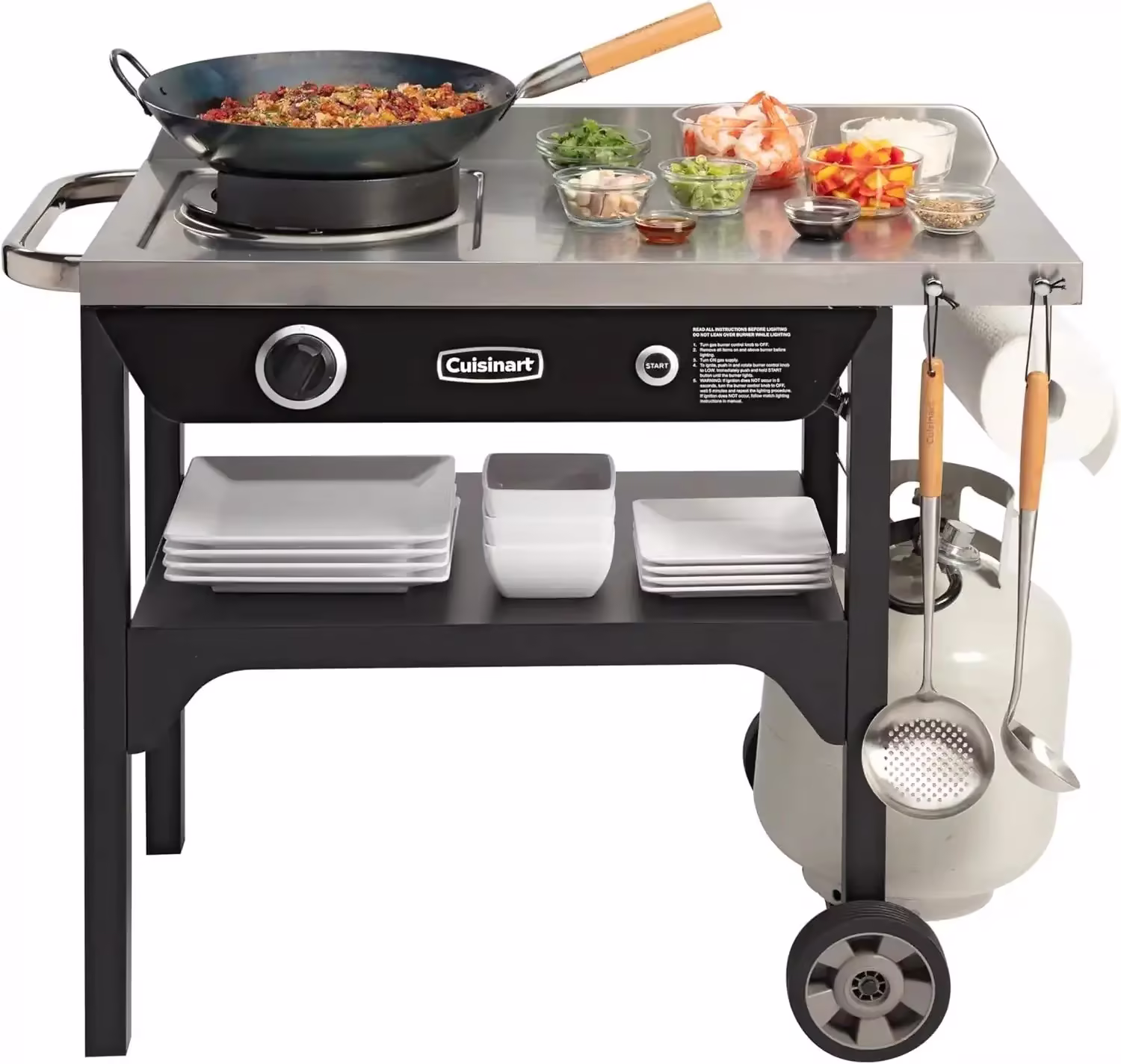 Cuisinart Outdoor Wok Station, 50,000 BTU Propane Outdoor Wok Burner w Prep Table, 14" Carbon Steel Wok for Stir Fry, Searing, BBQ Black