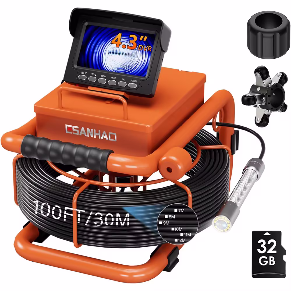 Sewer Inspection Camera, 100FT, DVR, Audio, 4.3" Screen