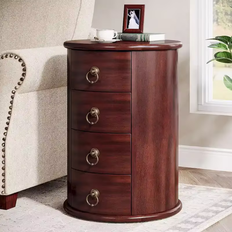 No Assembly Solid Wood End Table, Vintage Round Side Drawers Table