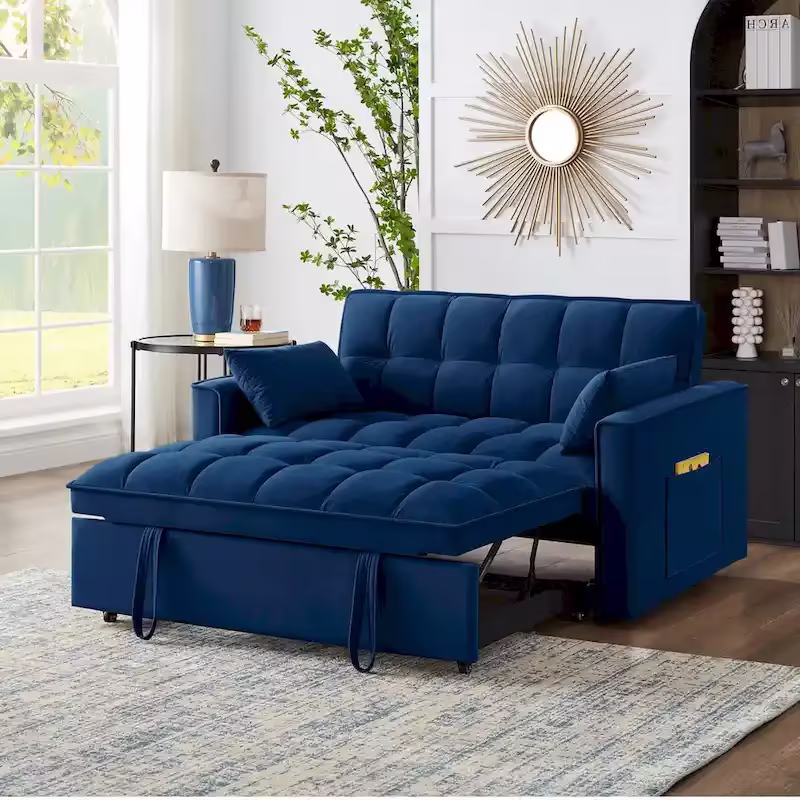4 in1 Loveseat Sofa Bed with Armrests & Storage Pockets, Multi-Function Tufted Pull-out Sofa Bed with Adjustable Backrest
