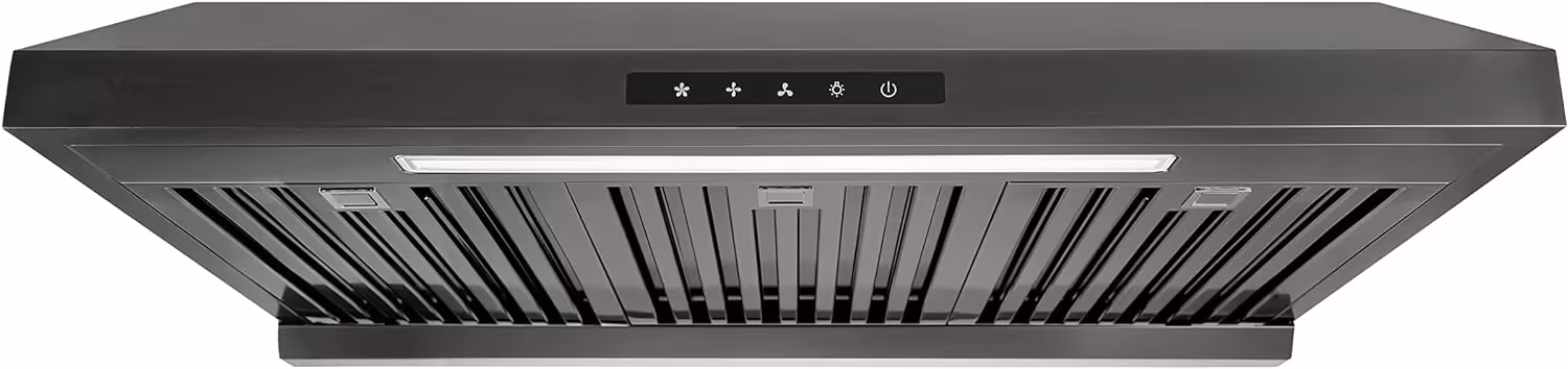 Powerful 30 Inch Under Cabinet Range Hood With Seamless Stainless Steel Body, Twin Turbo Motors, 3 Speed Touch Screen, Round Vent, Baffle Filters, LED Lights, Oil Collector