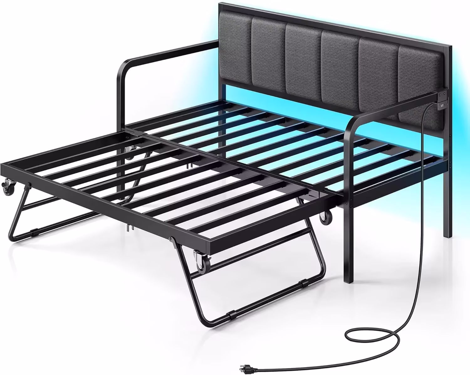 Rolanstar Daybed with Charging Station and LED Lights, Height Adjustable Twin Daybed with Trundle, Metal Sofa Bed Frame with Steel Slat Support
