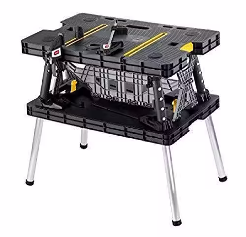 Keter C 197283 Folding Table Work Bench for Miter Saw Stand, Woodworking Tools and Accessories with Included 12 Inch Wood Clamps C Easy Garage Storage Black/Yellow