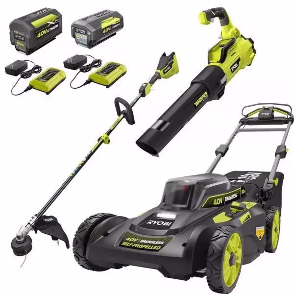 2025 40V Brushless 20-inch Self-Propelled Hand Lawn Mower, Grass Trimmer and Leaf Blower with (2) Batteries and (2) Chargers