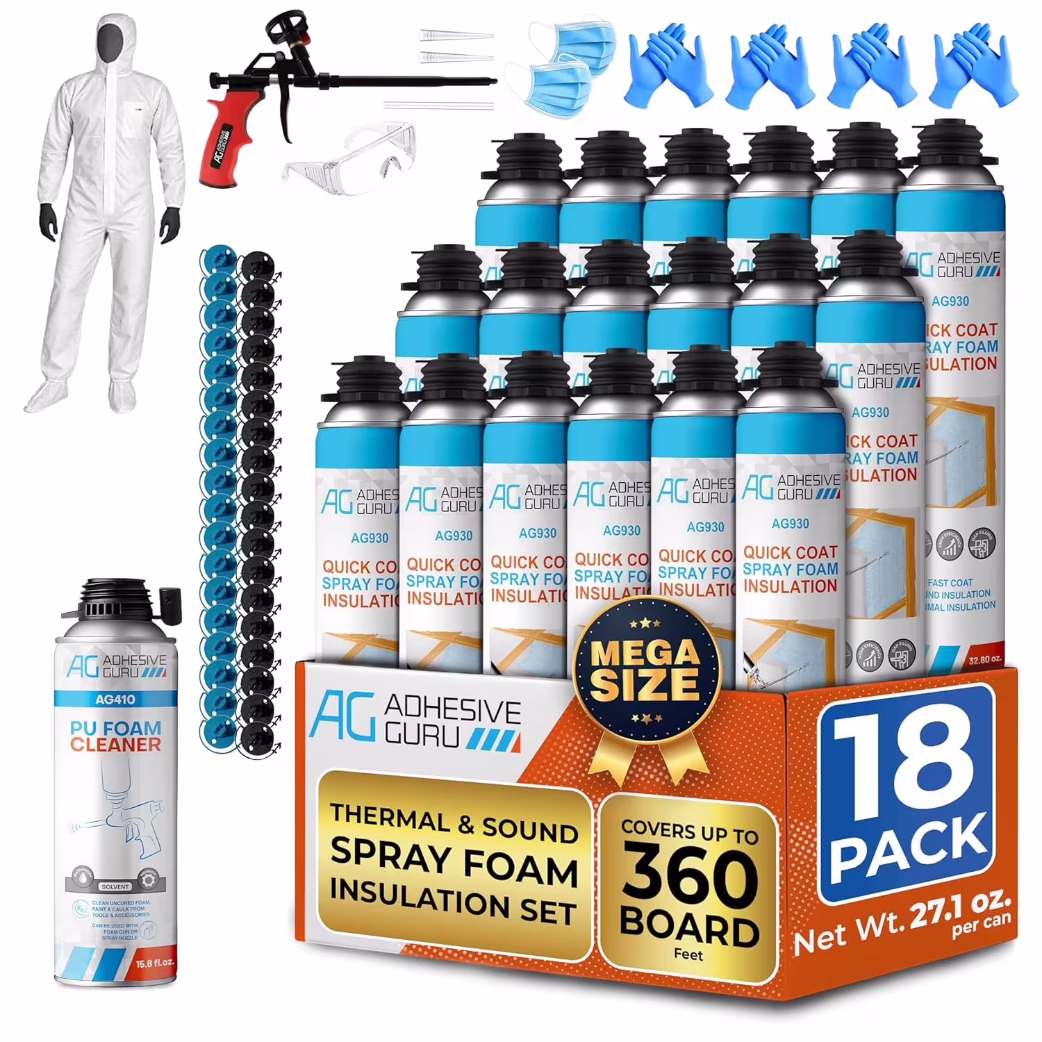 Adhesive Guru Spray Foam Insulation Kit (18 x 32.80 oz/930 Gr - 360 Board Feet), Self - Expanding Adhesive Foam