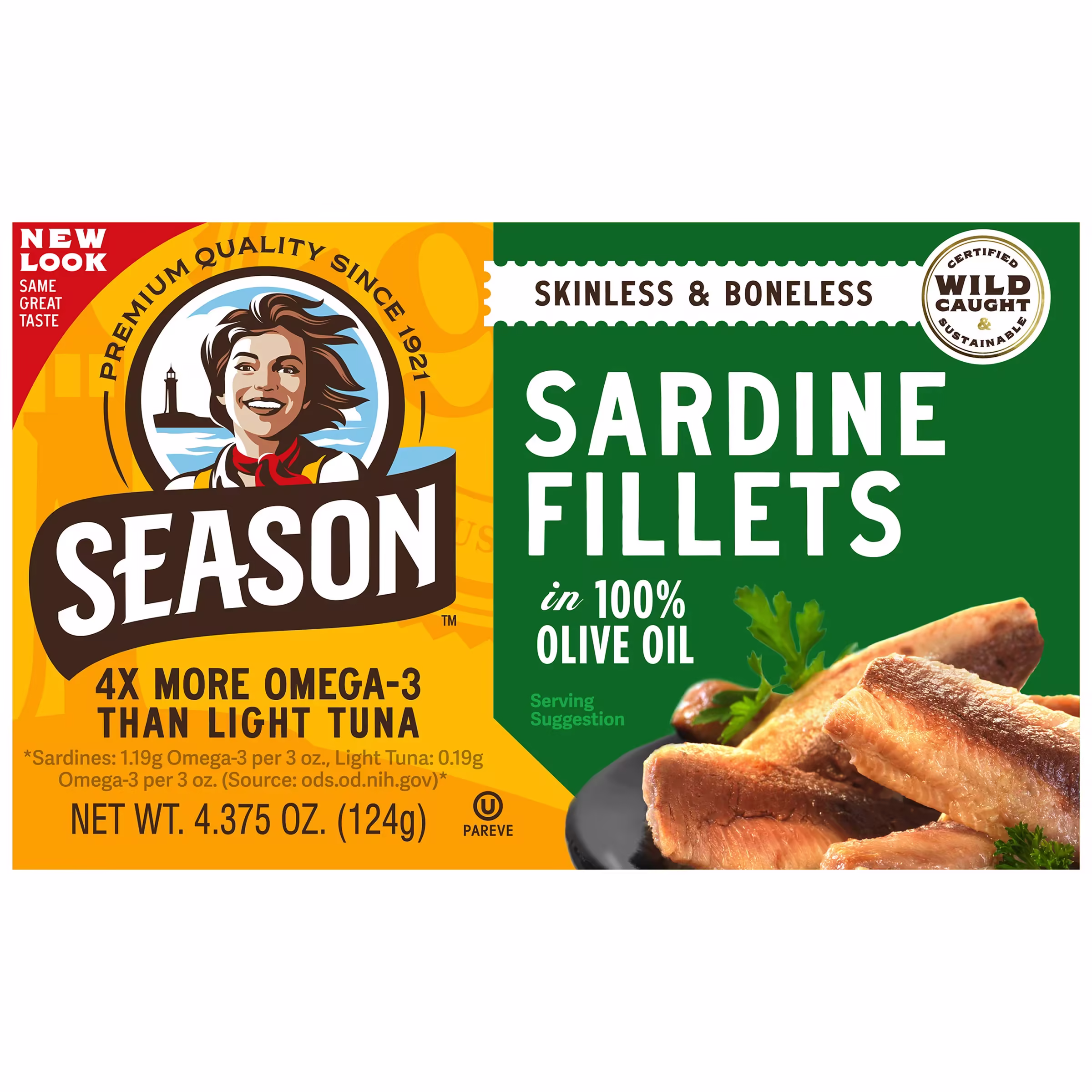 Season Sardine Fillets in 100% Olive Oil, Wild Caught, Skinless & Boneless, 4.375 oz, 6 - Count