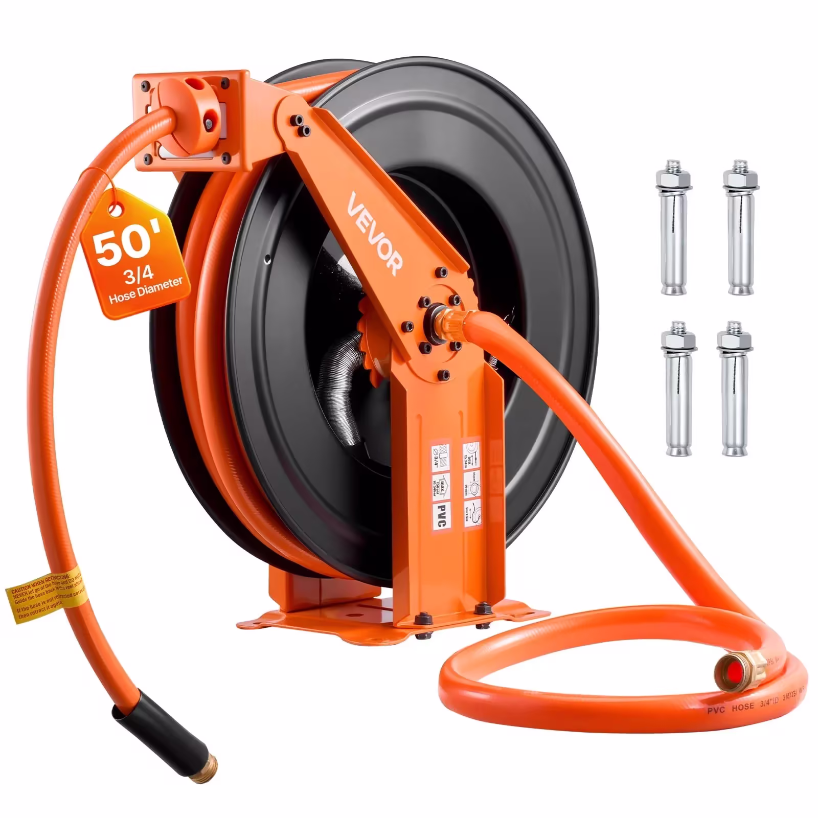 VEVOR Retractable Air Hose Reel, 3/4 Inch x 50 FT PVC Air Hose Max 300PSI, Auto Rewind Air-Compressor Hoses Reel with 5 ft Lead in, Ceiling/Wall Mount