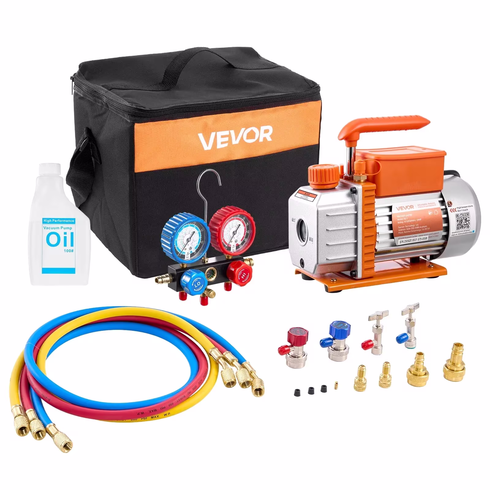 VEVOR AC Vacuum Pump and Gauge Set, 3.5 CFM 1/4 HP, Single Stage Rotary Vane HVAC Vacuum Pump, A/C Manifold Gauge Kit, for R134a R22 R410a R1234YF R32