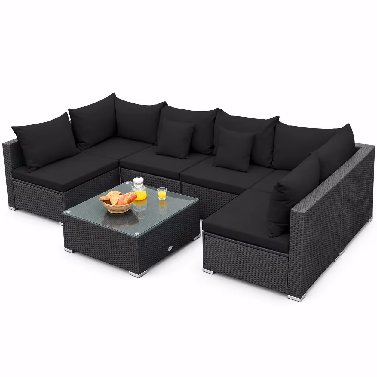 Gymax 7PCS Rattan Patio Conversation Set Sectional Furniture Set w/ Black Cushion