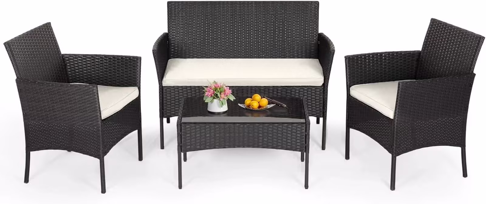 FDW 4-Piece Wicker Patio Furniture Set – Outdoor Rattan Conversation Set, Chairs, Sofa, and Coffee Table – All-Weather Bistro Set for Yard, Black