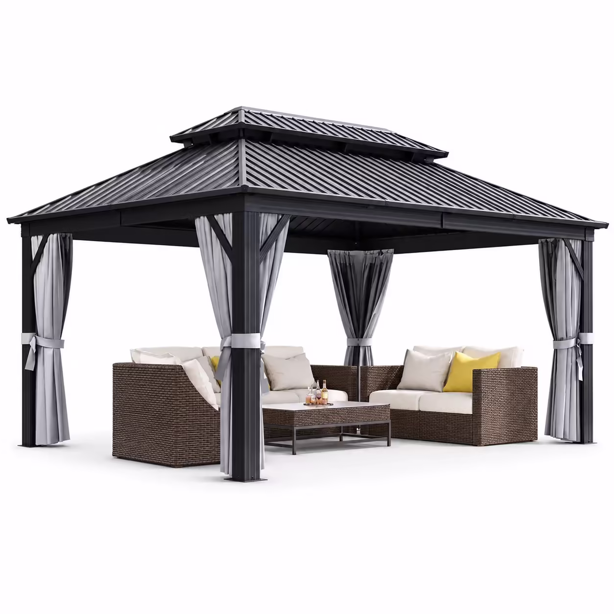 Aoxun 12 ft. x 16 ft. Outdoor Hardtop Gazebo, Galvanized Double Roof Aluminum Pavilion with Netting and Curtains for Garden, Patio, Lawns, Grey