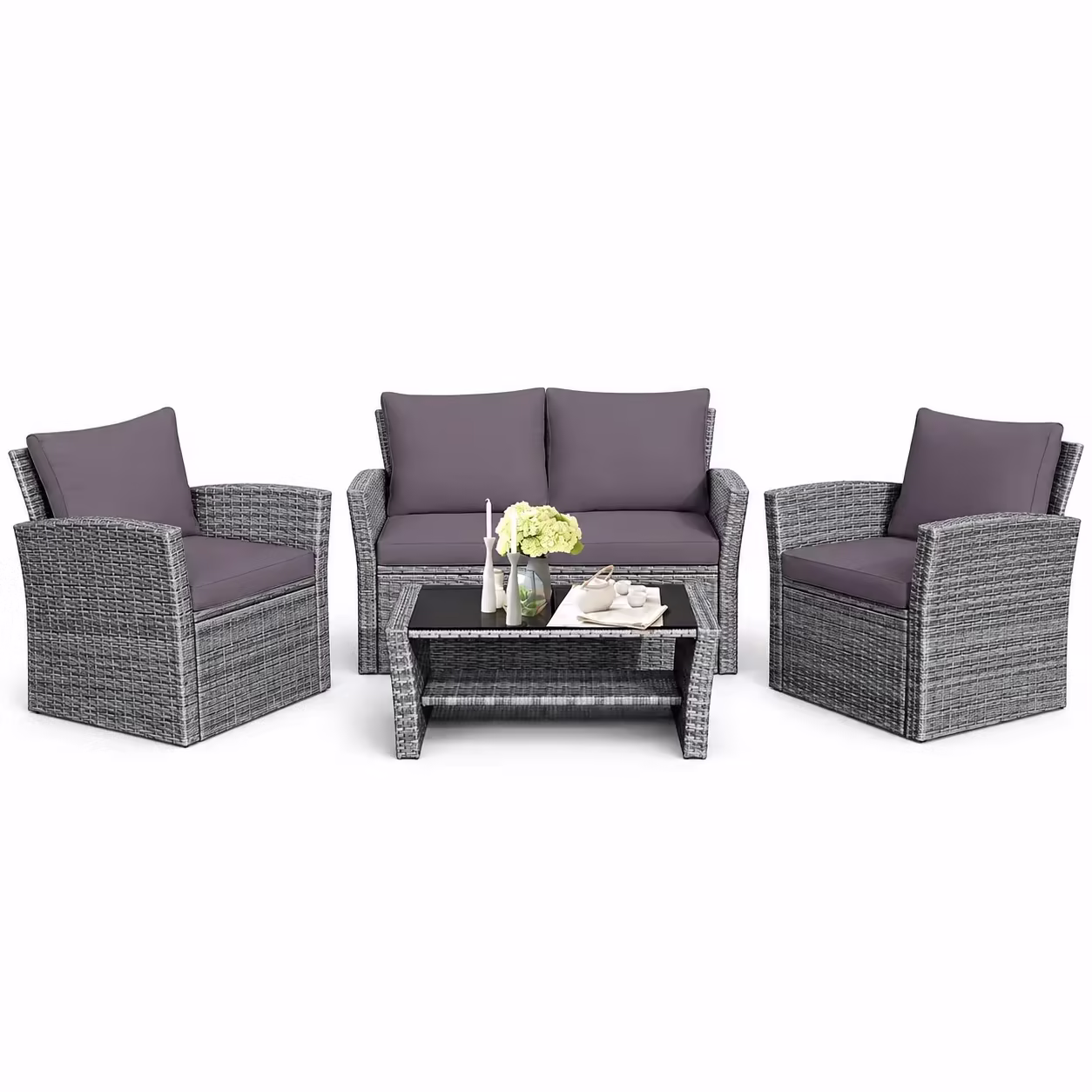 Costway 4PCS Patio Rattan Furniture Set Sofa Table W/Storage Shelf Gray Cushion