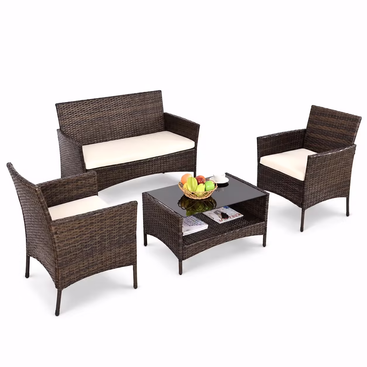 Costway 4pcs Patio Rattan Furniture Set Table Shelf Sofa Outdoor Garden W/ Beige Cushion