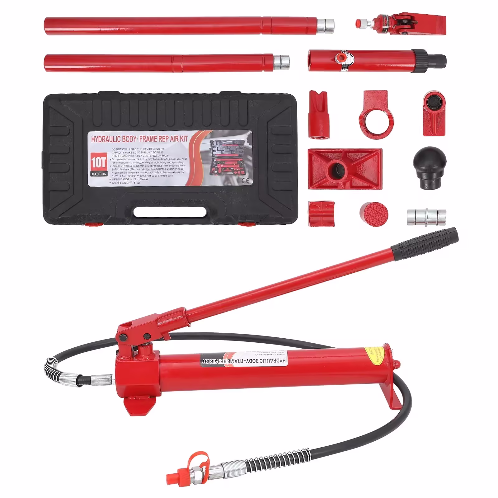 4/10/12/20 Ton Hydraulic Kit Portable with Blow Molded Case, Heavy Duty Auto Body Repair Tools for Truck Loader Farm, Black and Red