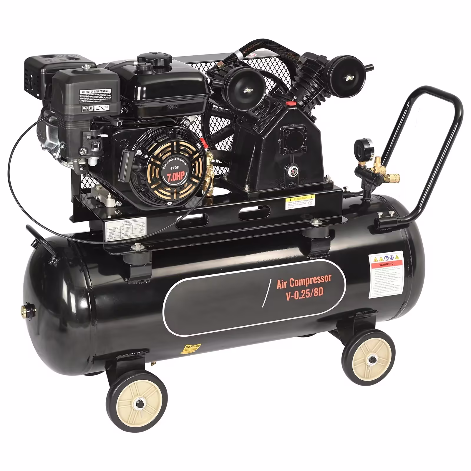 KFFKFF 7HP Gas Powered Air Compressor, 21 Gallon Horizontal Air Compressor Tank, 9CFM@115PSI Gas Driven Piston Pump Air Compressed System