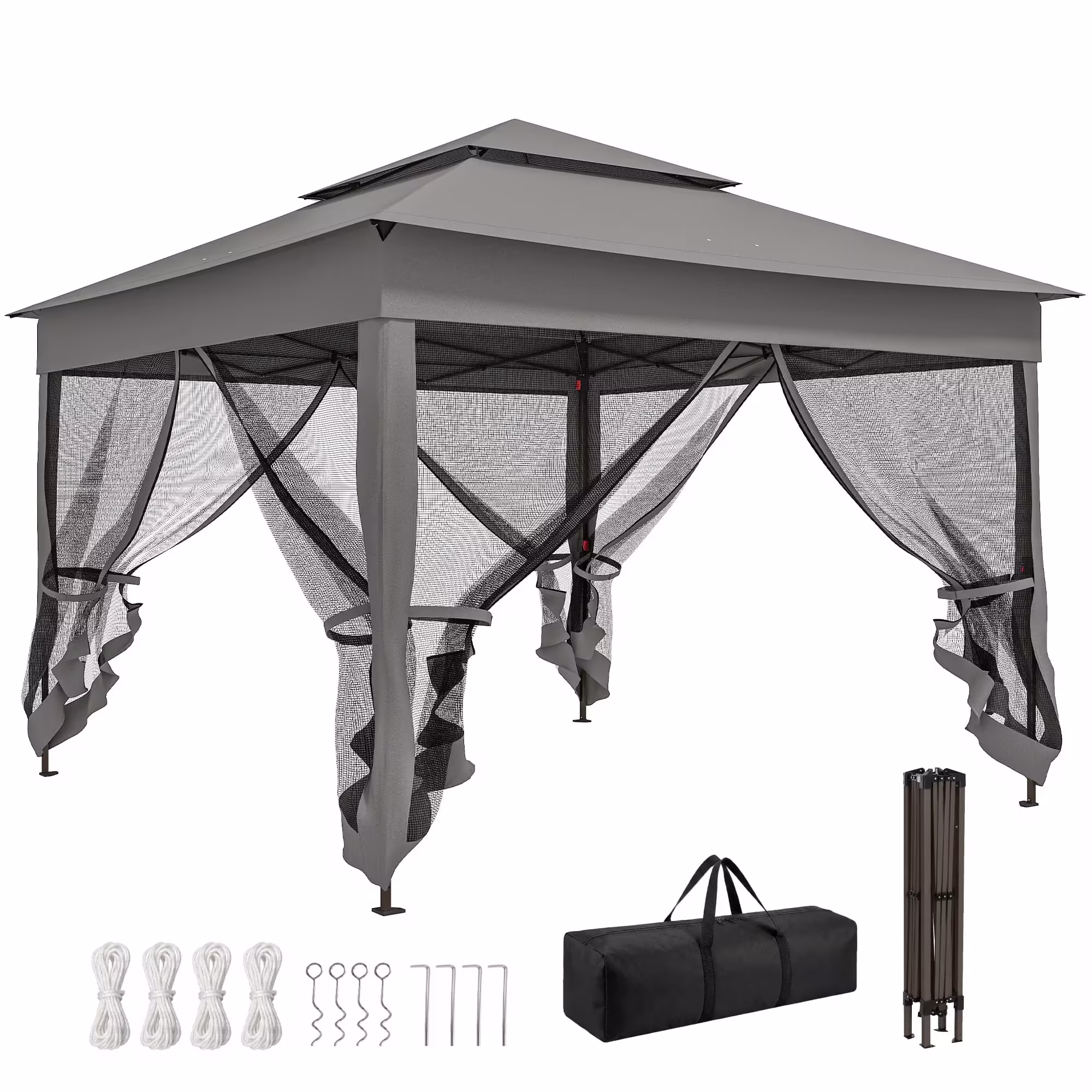 11'x11' Pop Up Gazebo 2-Tier Soft Top Gazebo w/ Mesh Netting, Dark Grey