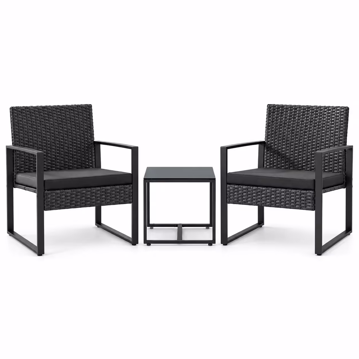 Homall 3 Pieces Outdoor Bistro Chair Set PE Rattan Patio Conversation Set of 2 with Cushion and Coffee Table, Black