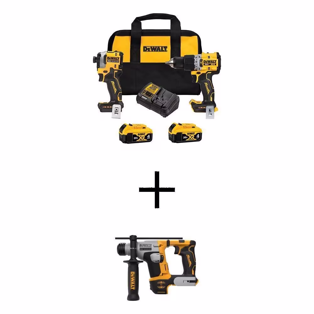 DeWalt 20V Max XR Hammer Drill and Atomic Impact Driver 2 Tool Cordless Combo Kit and SDS Plus Hammer Drill w/(2) 4Ah