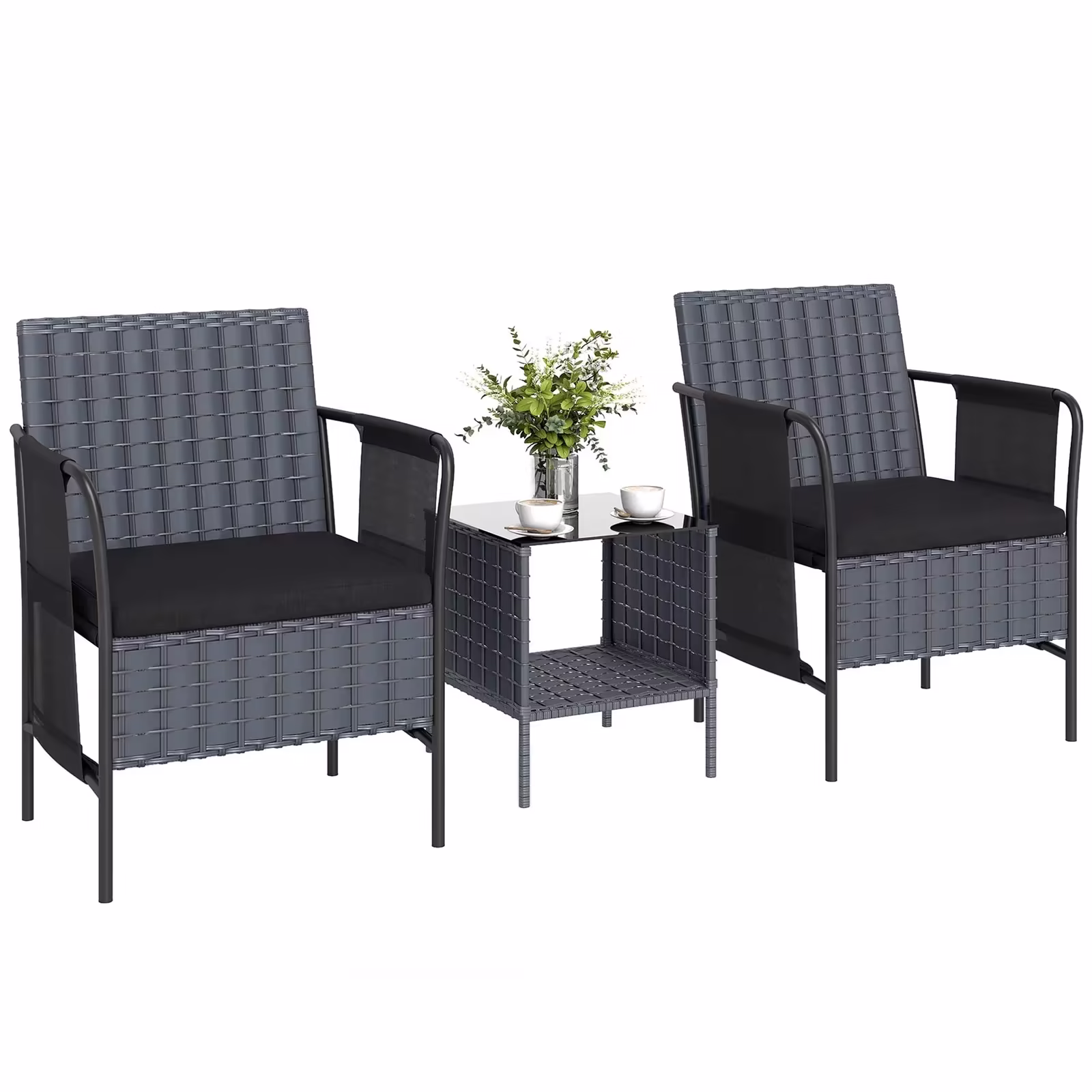 Outsunny 3 Piece Wicker Patio Furniture Bistro Set with Side Pocket, Black