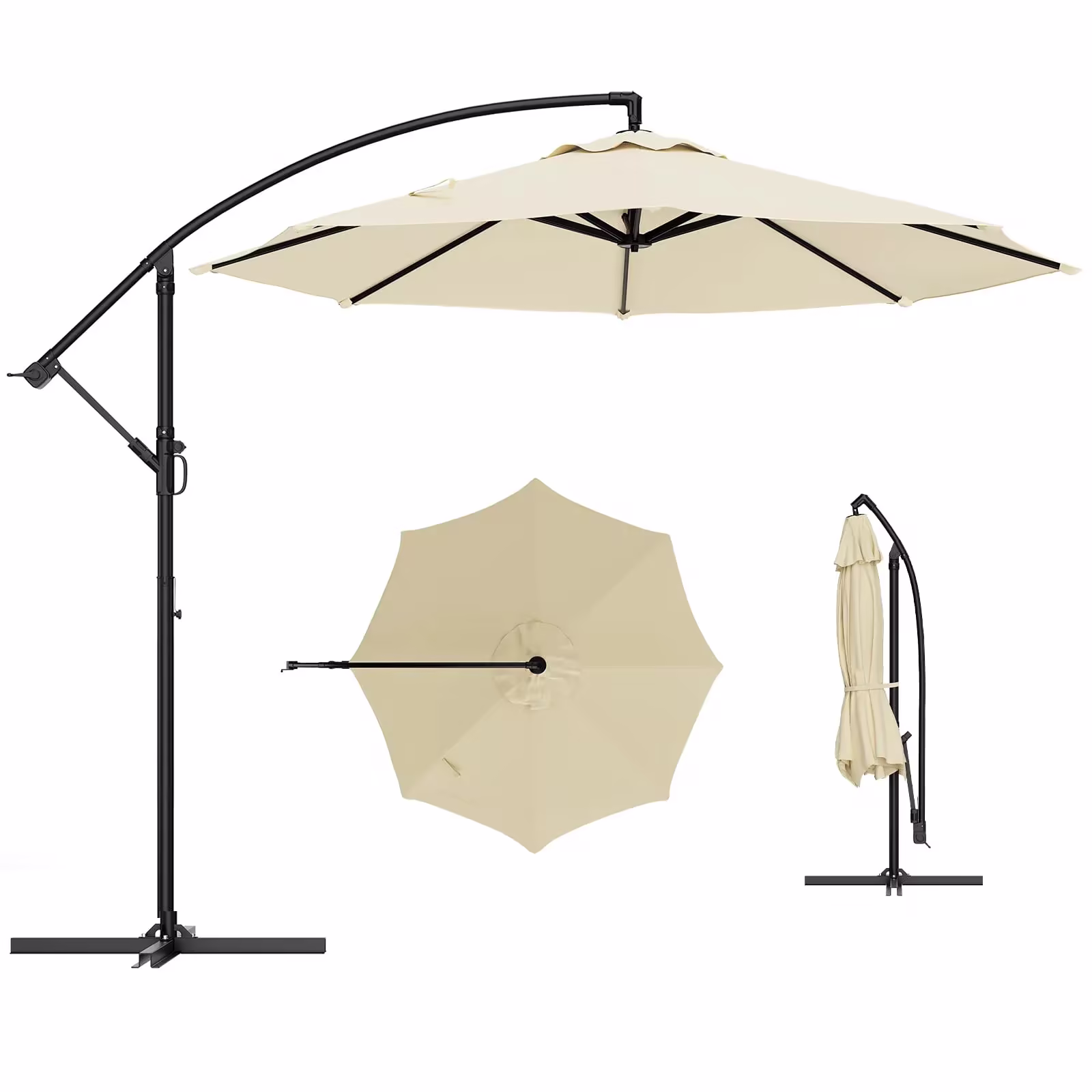 10 Ft Cantilever Patio Umbrella, Beige, 360-Degree Rotation, Infinite Tilt, 8-Rib Frame and UV-Resistant Canopy