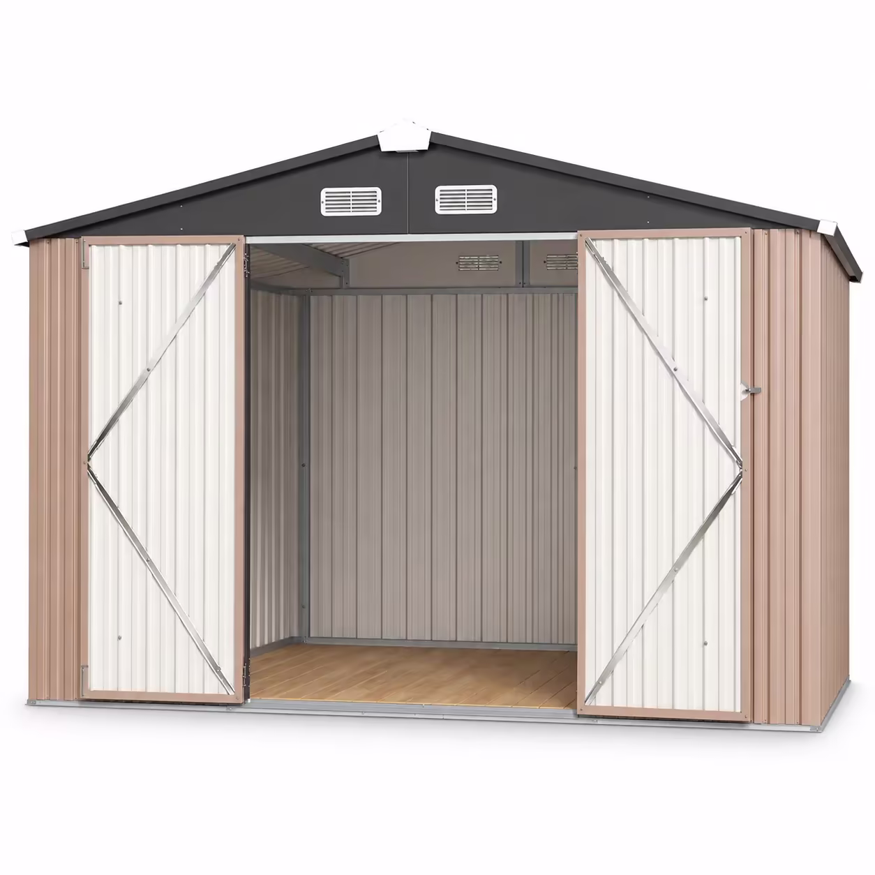 Clouddwell 10x8 Ft Metal Outdoor Storage Shed, Double Hinged Lockable Doors and Sloped Roof, Brown