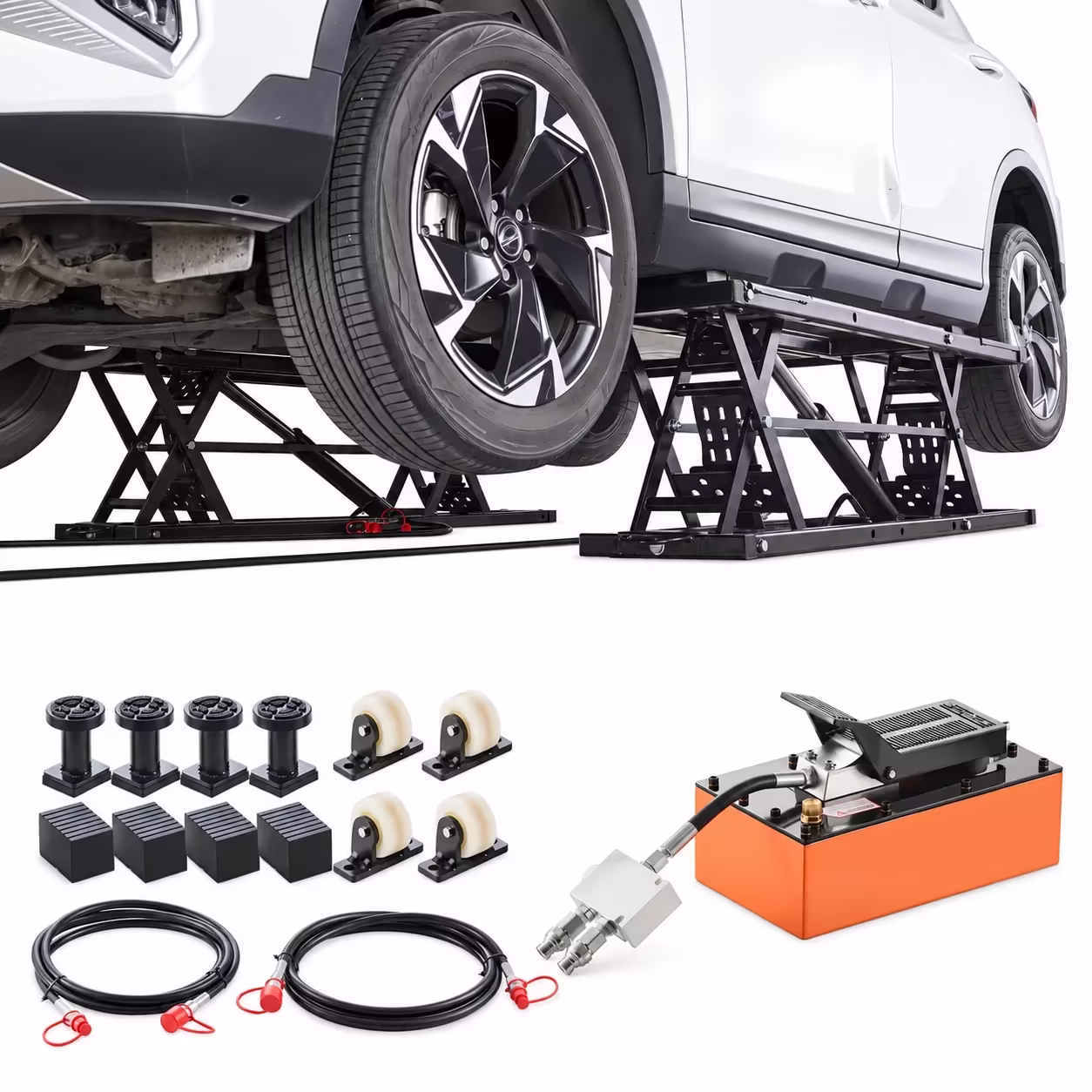 VEVOR Portable Car Lift, 5000 lbs Capacity, Heavy Duty Quick Lift with 25.6" Max Height, Pneumatic Pump, Wheels, 4 Rubber Pads & 4 Lifting Columns