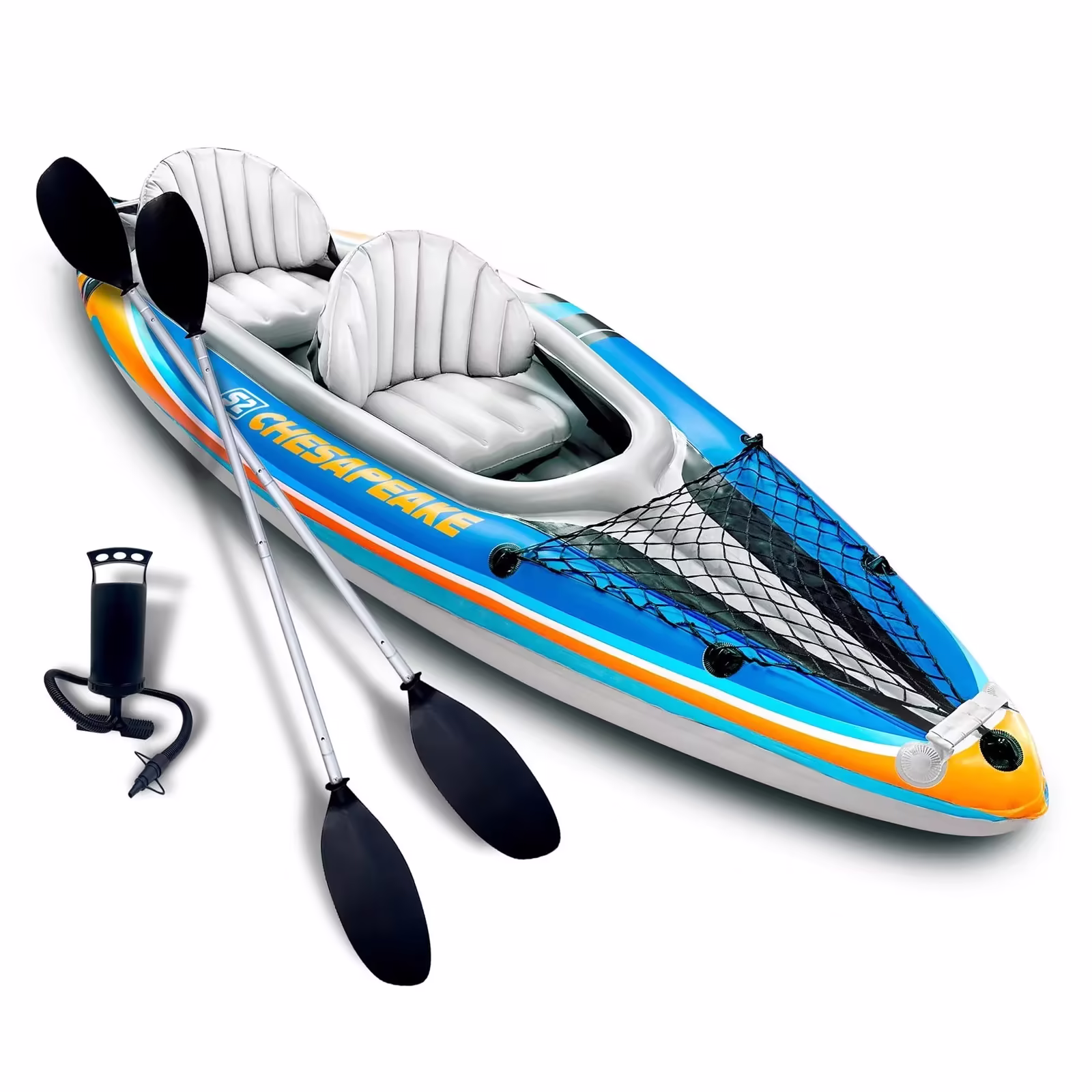 Sunlite Sports 2-Person Inflatable Kayak, 136x33 Inches, Aluminum Oars, High-Output Air Pump and Storage Bag