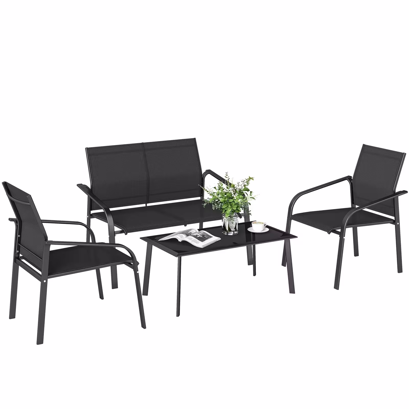 Outsunny 4 Piece Patio Furniture Set, Deep Outdoor Conversation Set, Black