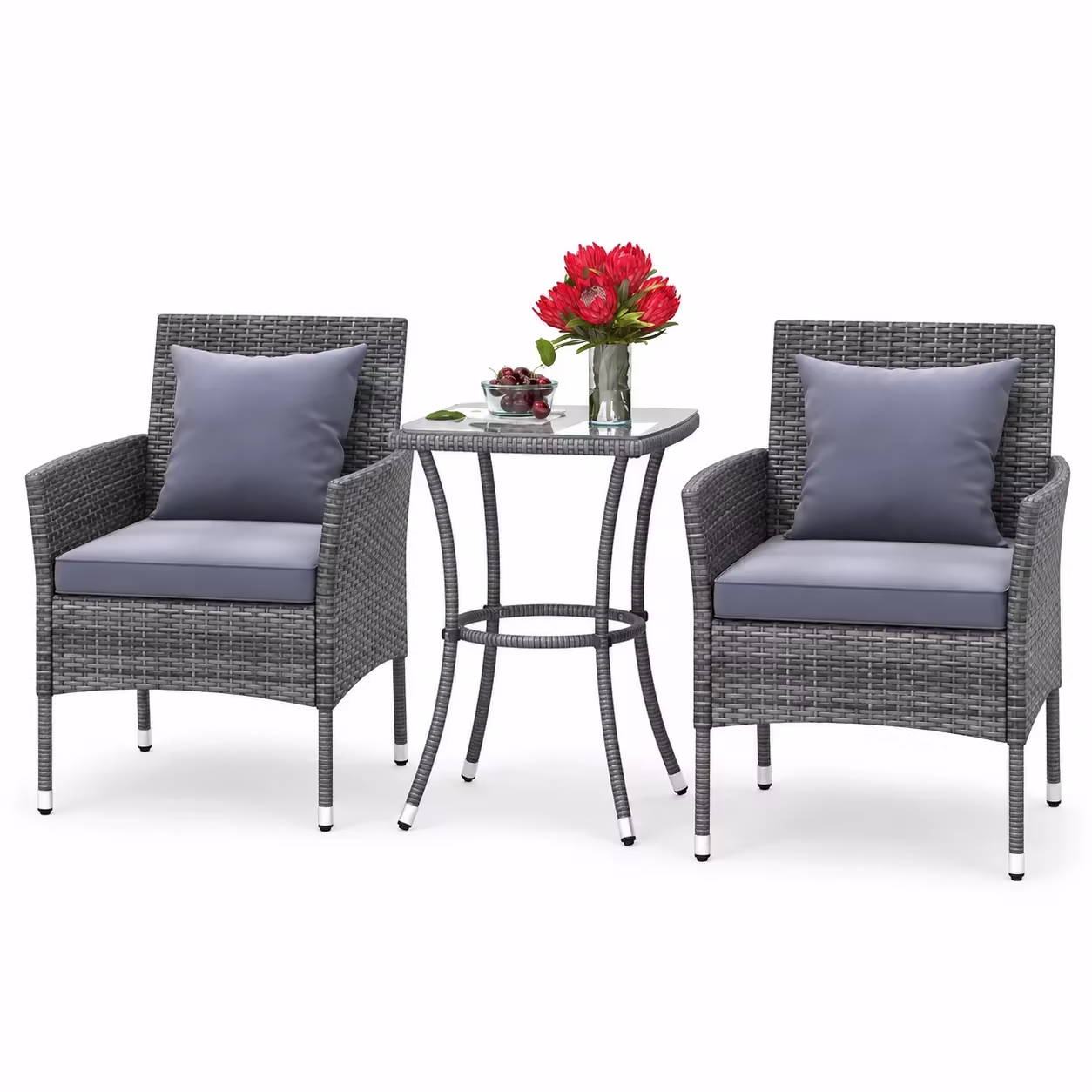 Gymax 3-Piece Patio Furniture Set PE Wicker Conversation Bistro Set w/ A Tempered Glass Table Mix Gray