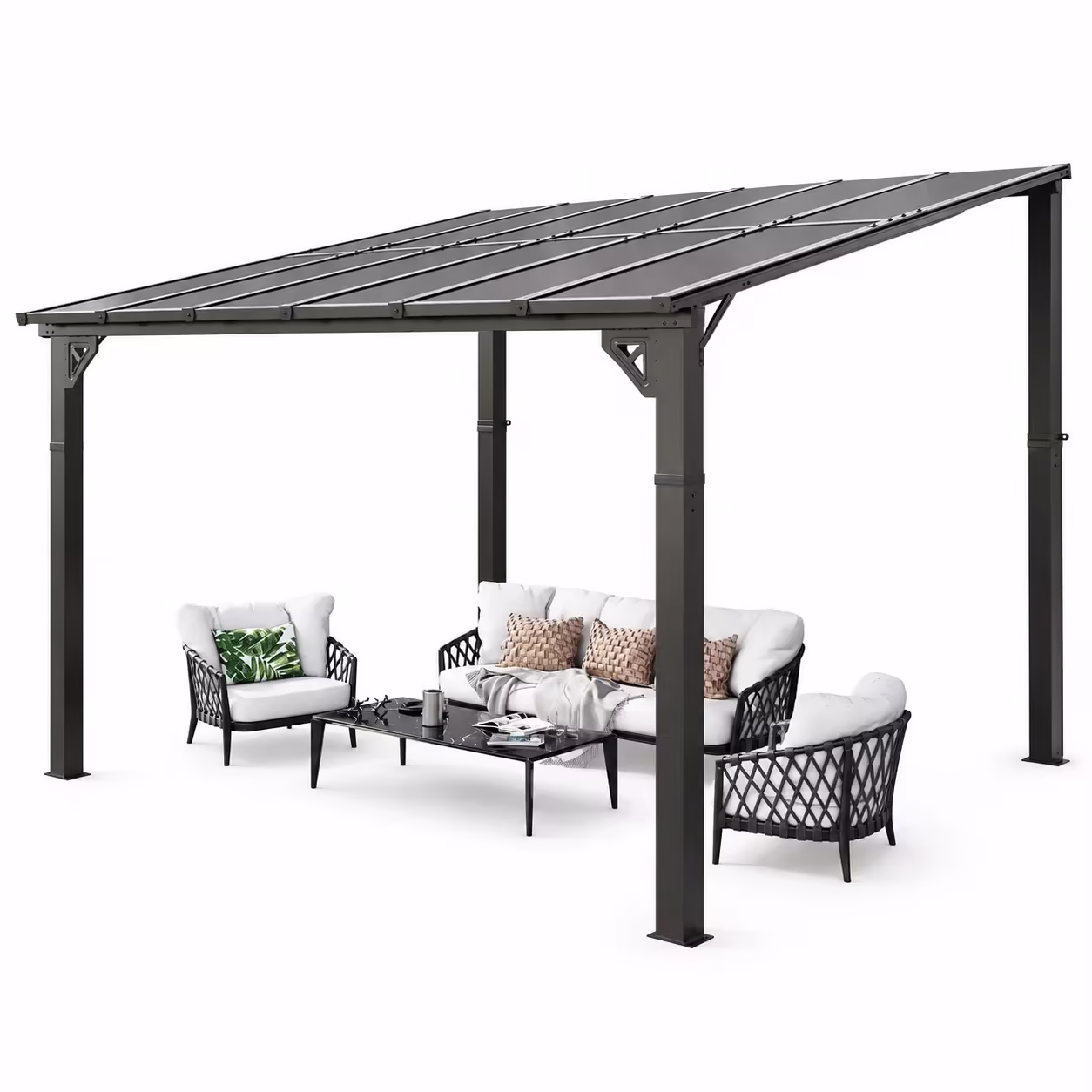 Clouddwell 12'x 10' Wall-Mounted Gazebo Pergola with Aluminum Top Frame & Polycarbonate Panel, Large Heavy-Duty Awnings for Backyard Black