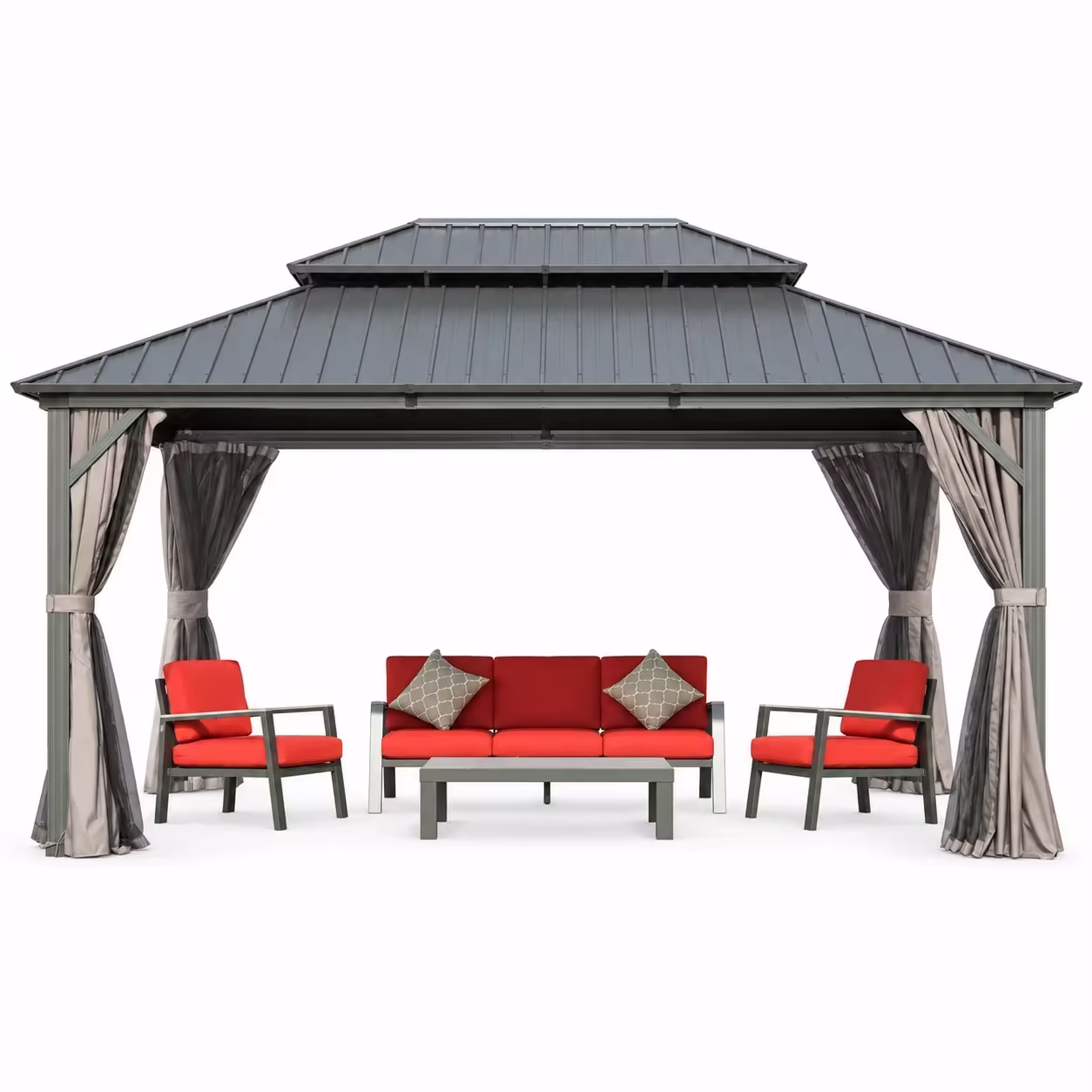 Domi Outdoor 10x14 ft Hardtop Gazebo Canopy Metal with Galvanized Steel Double Roof,Curtain & Netting for Patio Deck Backyard, Gray