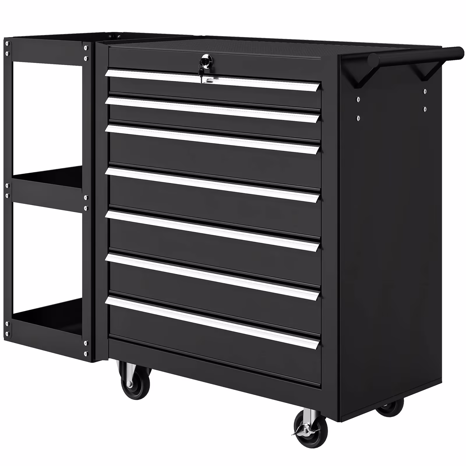 CoSoTower 7-Drawer Rolling Tool Chest with Detachable Side Shelf, Lockable Tool Cabinet Box Organizer with Wheels, Black