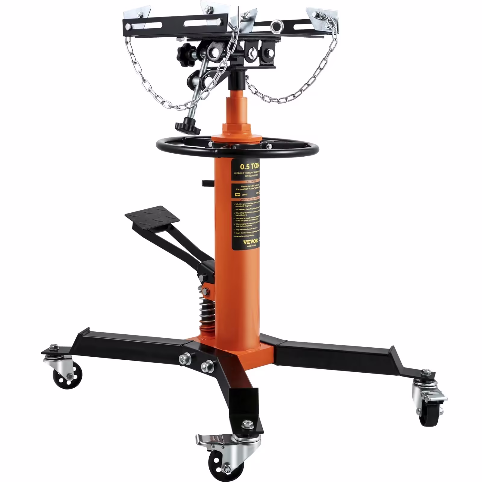 VEVOR 1/2-Ton/1100 lb 2-Stage Hydraulic Transmission Jack, Foot Pedal and 360-Degree Swivel Wheels, Orange