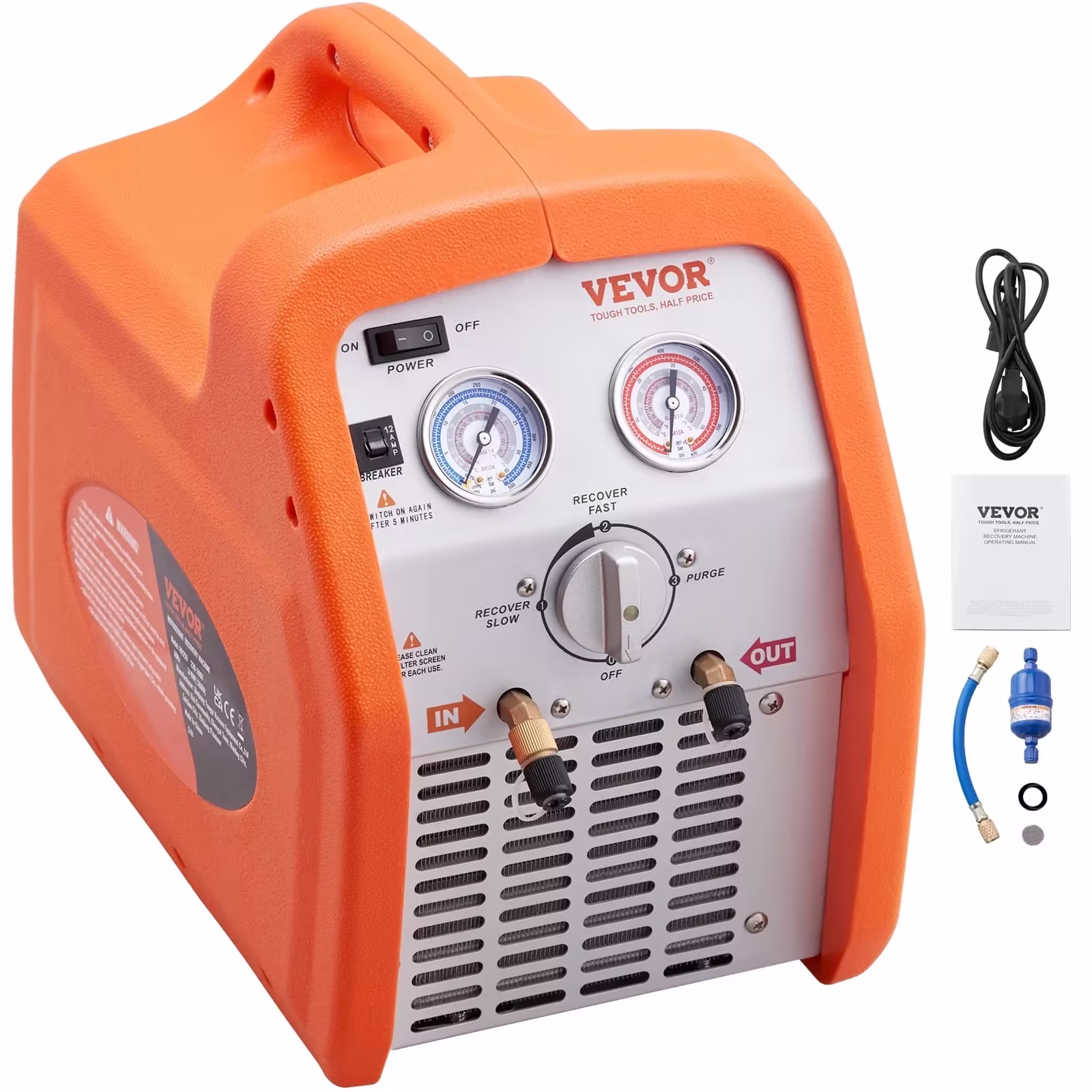 VEVOR 3/4 HP Portable Refrigerant Recovery Machine, 120V 60Hz, High-Pressure Protection for AC and HVAC