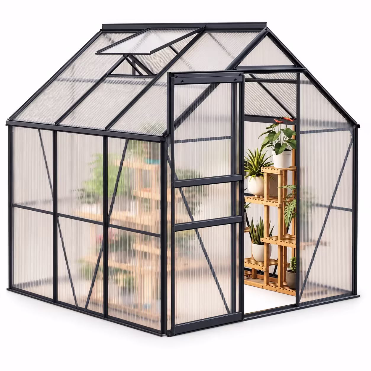6x6 Ft Walk-In Polycarbonate Greenhouse, Aluminum Frame, Sliding Door, Adjustable Roof Vent and Rain Gutter