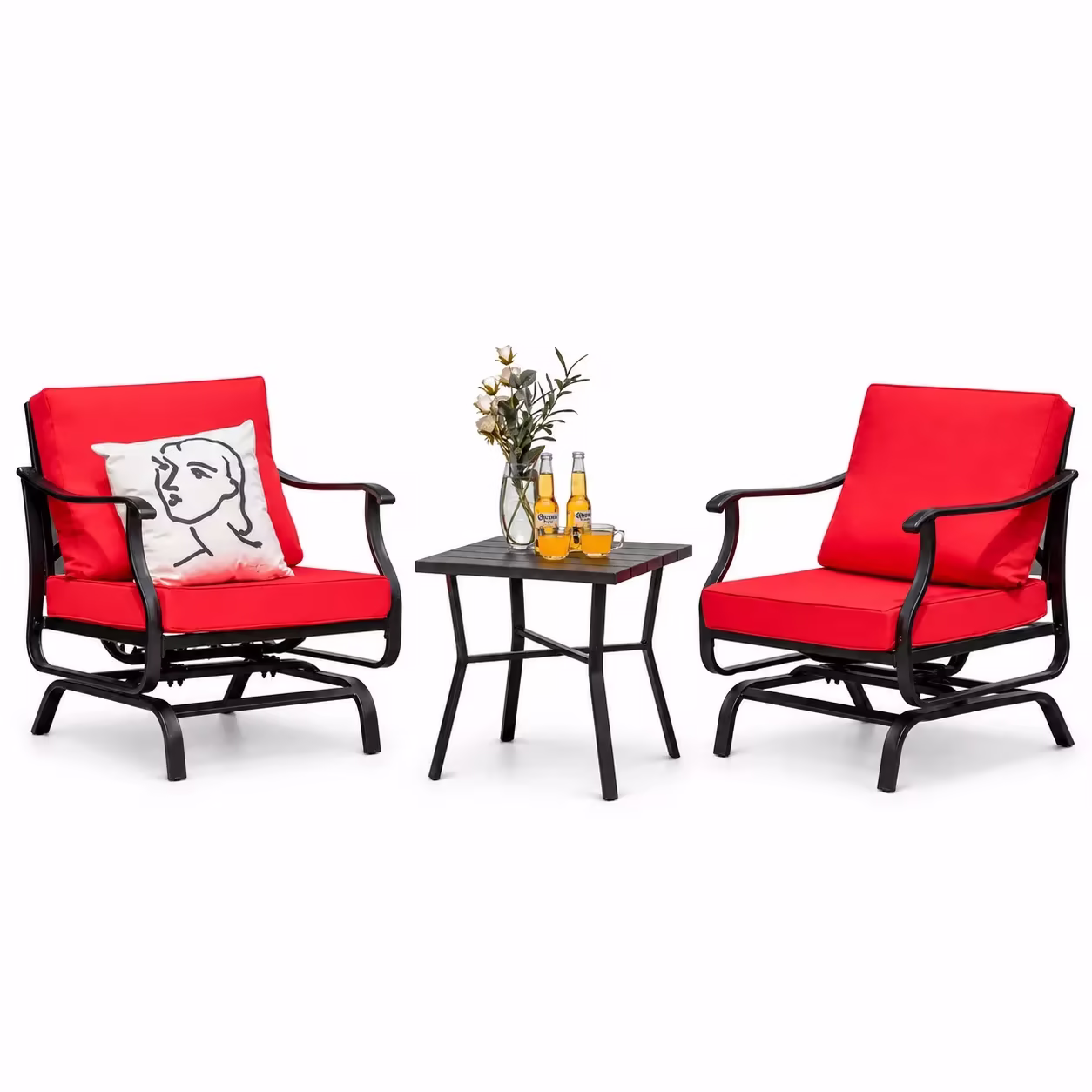 Gymax 3PCS Outdoor Rocking Chair Set Patio Conversation Bistro Set w/ Red Cushions