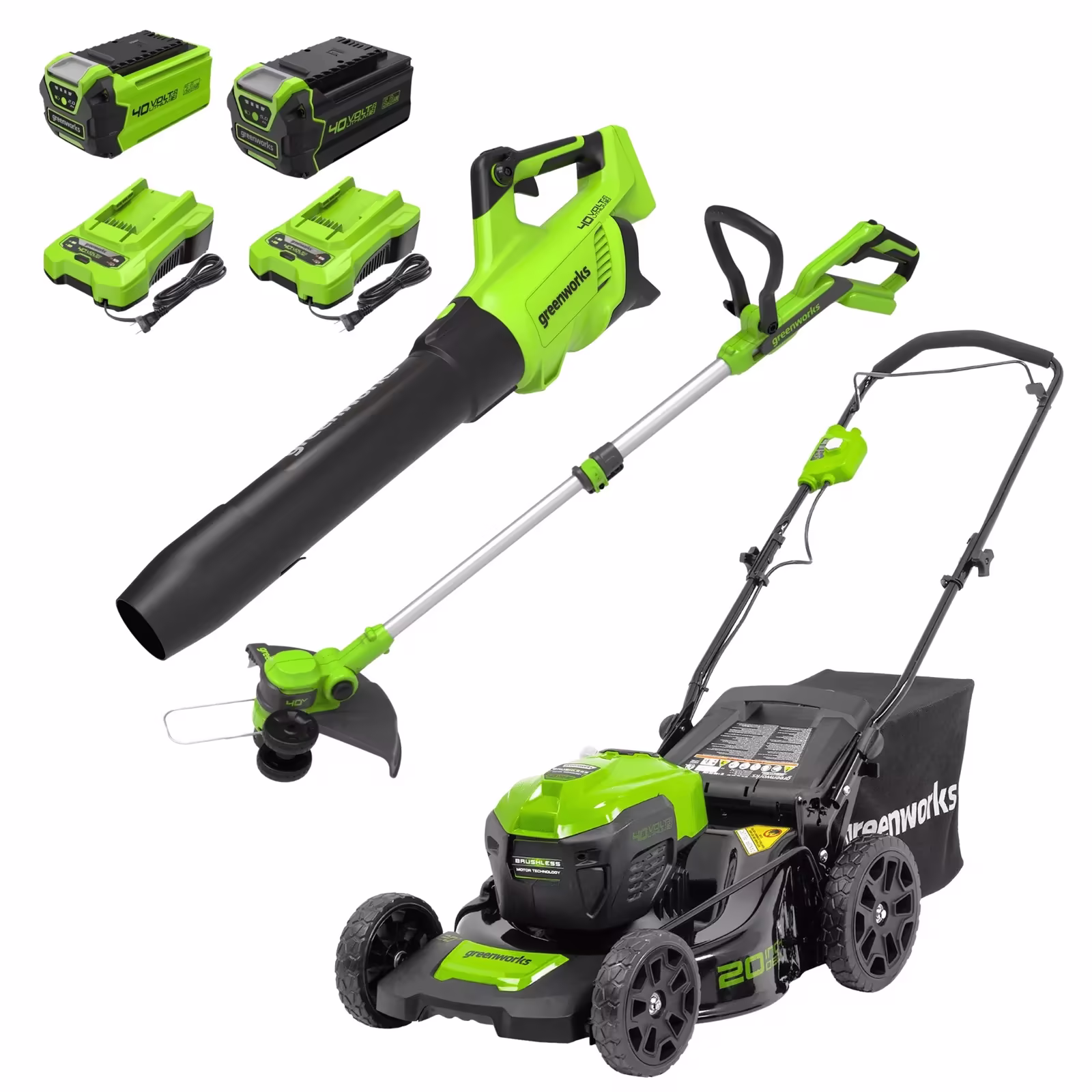 Greenworks 40V 20" Cordless Battery Push Lawn Mower 3PC Combo Kit w/ (1) 5.0Ah Battery, (1) 2.0Ah Battery & (2) Chargers