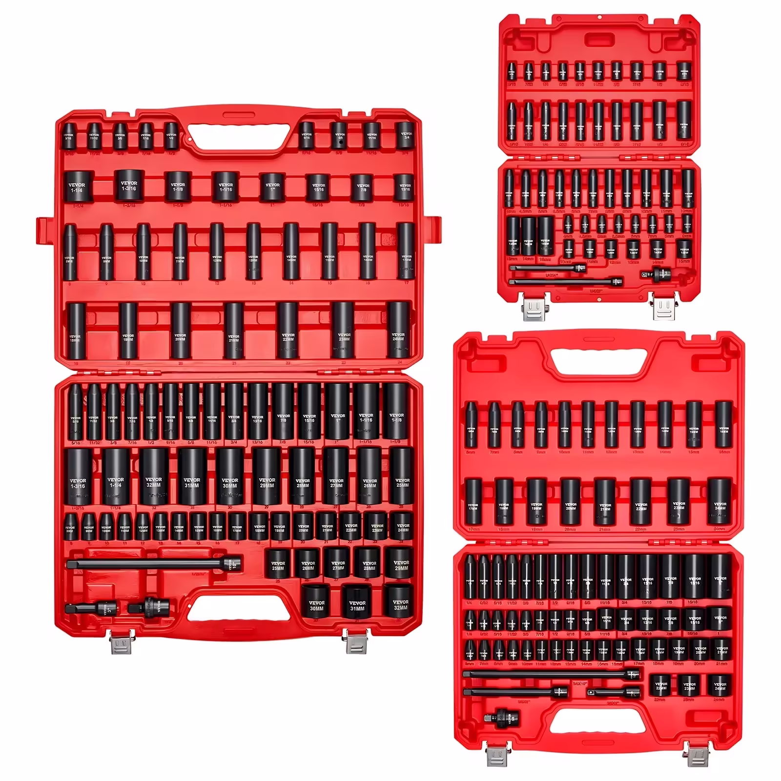 VEVOR 210-Piece 6-Point Impact Socket Set, 1/4, 3/8 and 1/2 Inch Drive, Deep/Shallow, SAE 3/16-1-1/4 In, Metric 4-32 mm
