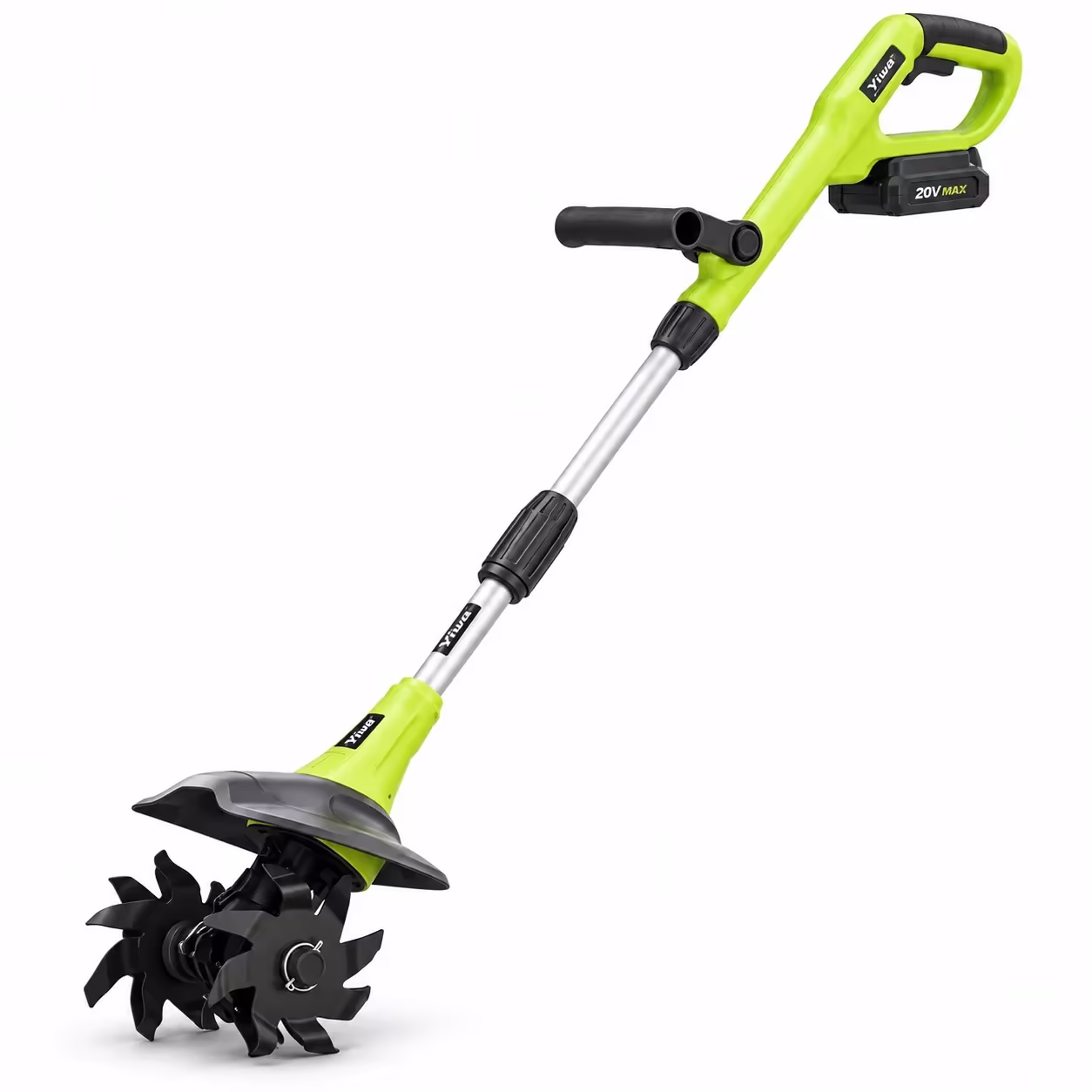 Yiwa 20V Cordless Garden Tiller, 9-Inch Width, 4 Steel Tines, 360 RPM, with Two 2.0Ah Batteries and Charger
