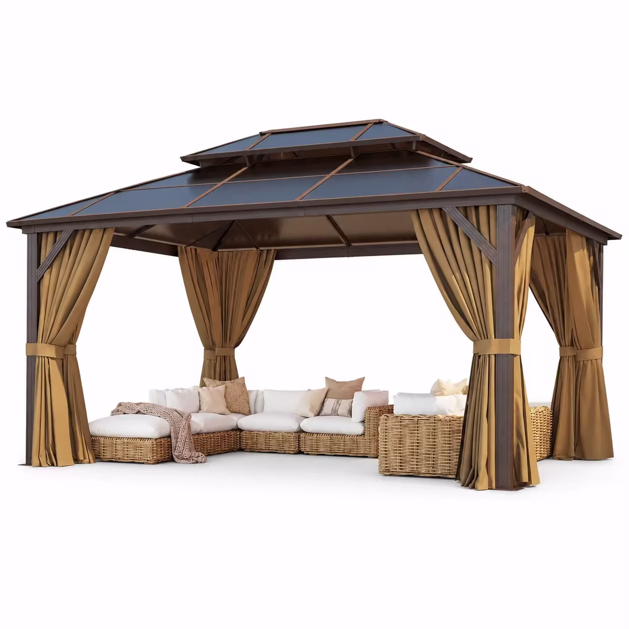Clouddwell 12'x16' Hardtop Gazebo - Polycarbonate Double Roof with Netting & Curtains for Patio, Garden Sun Protection,Browm