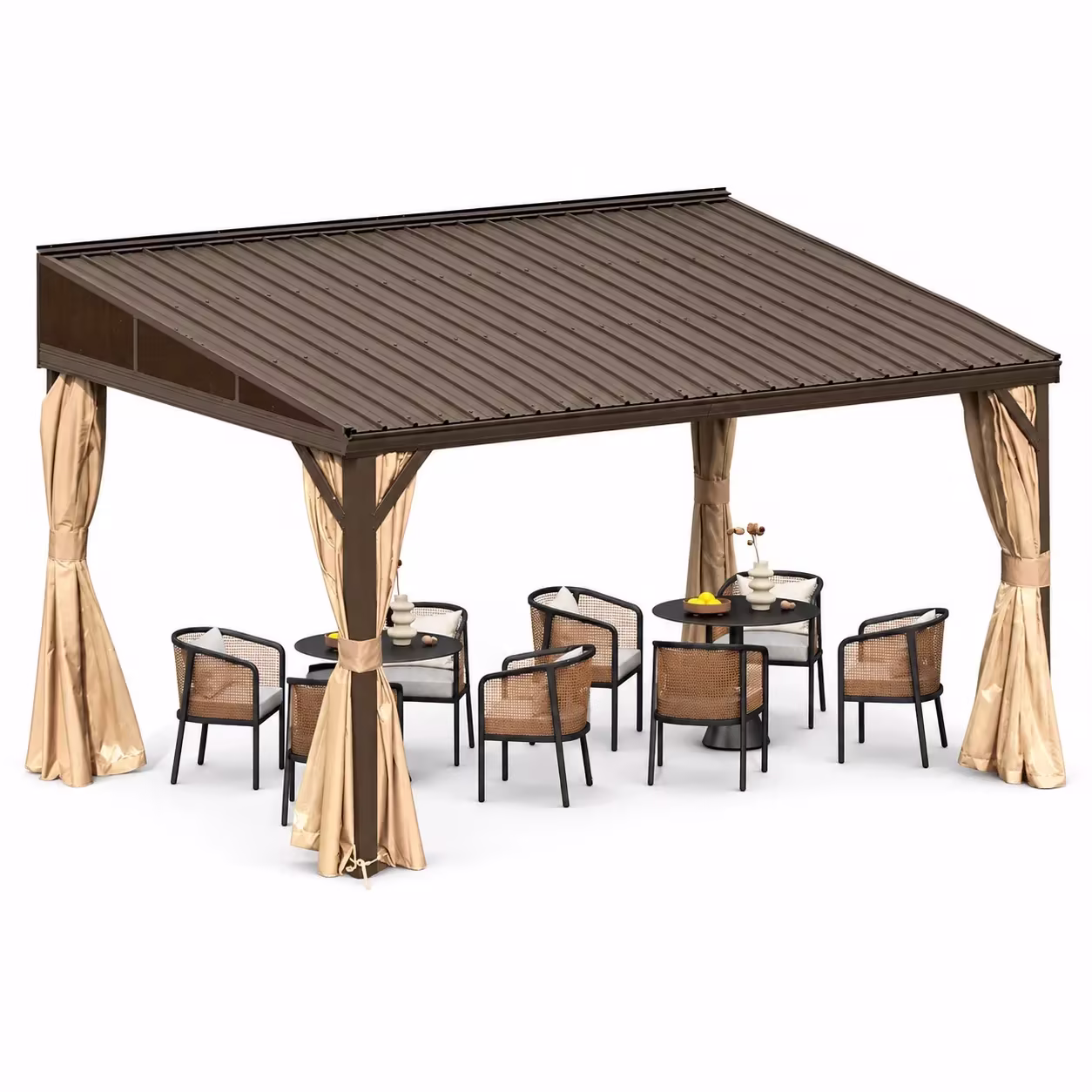 Domi 10x14FT Lean-To Gazebo, Outdoor Wall-Mounted Aluminum Frame Canopy with Sloping Galvanized Steel Roof, Netting & Curtains for Deck/Porch/Backyard