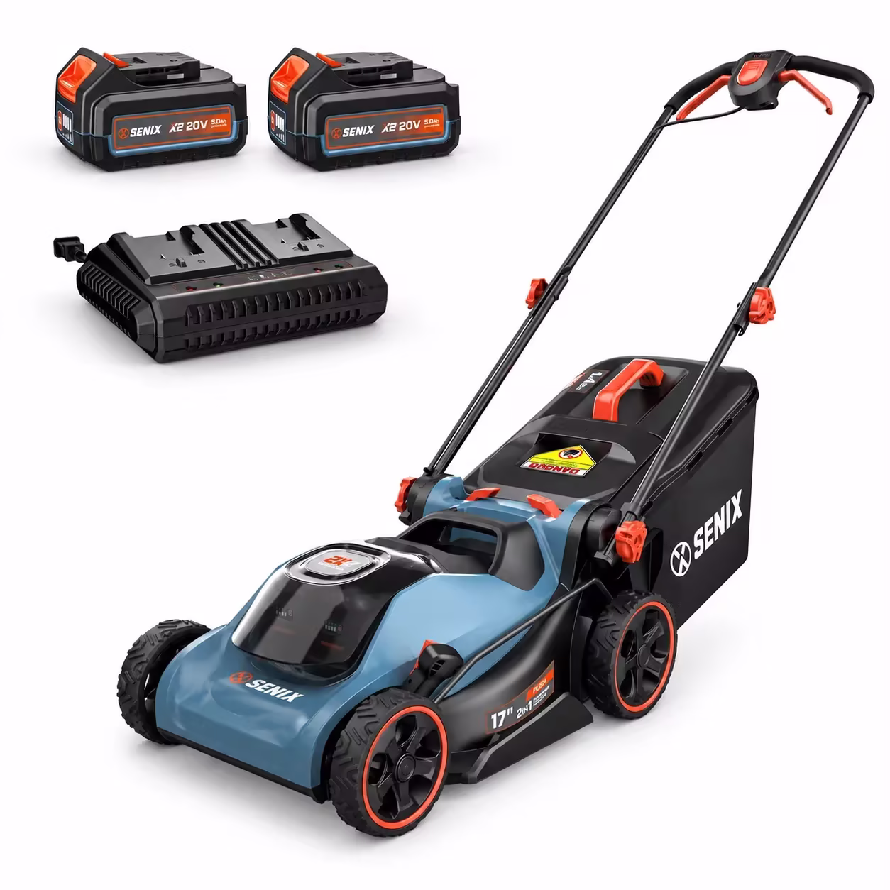 SENIX LPPX2-M5 17" 40V Battery Powered Push Walk-Behind Lawn Mower, Mulching and Bagging, 6-Position Height Adjustment, Brushless Motor, Cordless