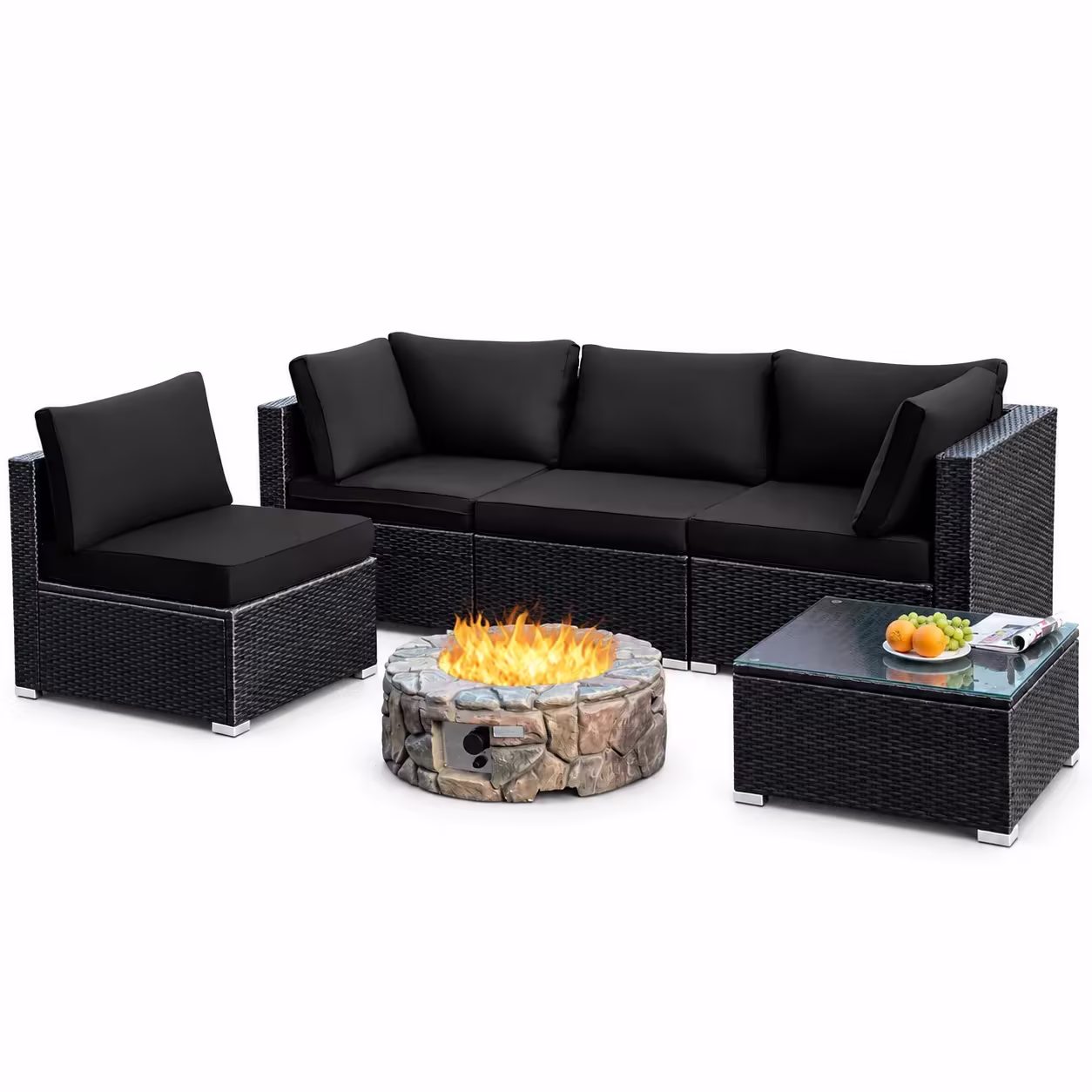 Costway 5PCS Patio Rattan Furniture Set Cushioned Sofa Chair Coffee Table Black
