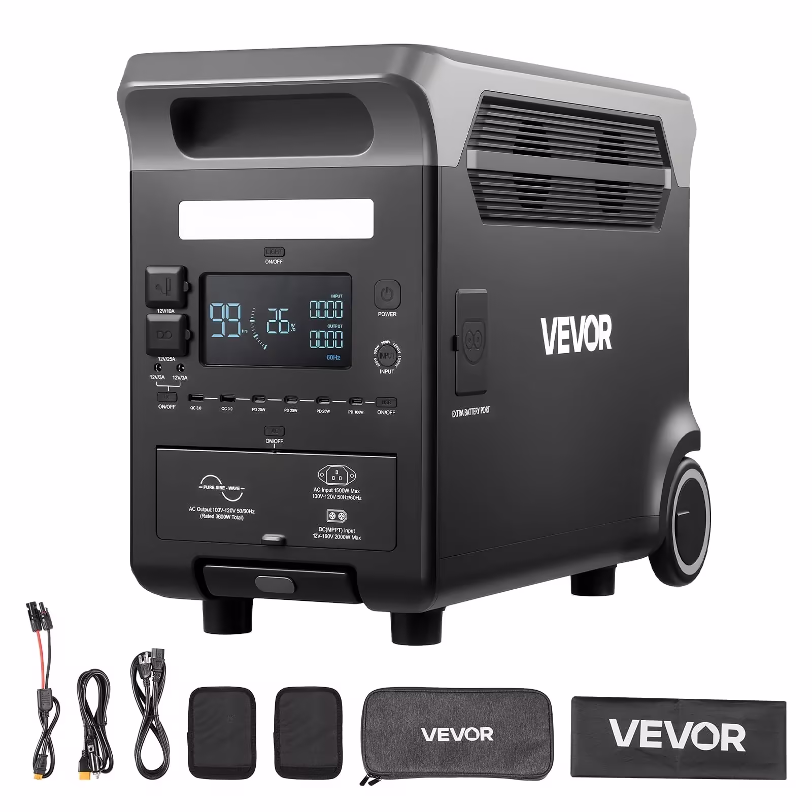 VEVOR 3600W 3840Wh Portable Power Station, Expandable LiFePO4 Battery, 10 Output Ports and Adjustable Input Power