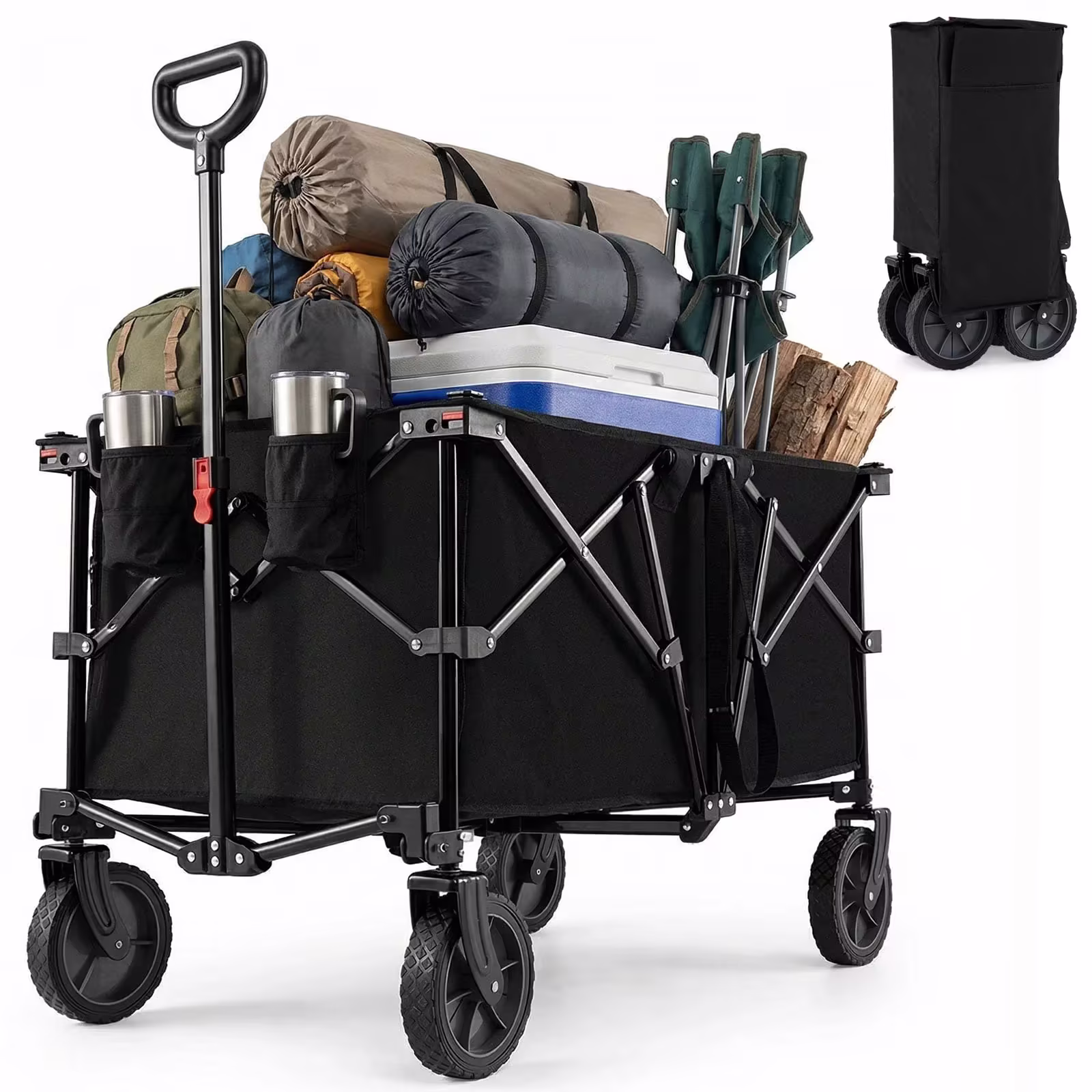 Gymax 38'' Collapsible Wagon Cart w/All-Terrain Wheels 2 Cup Holders Adjustable Handle