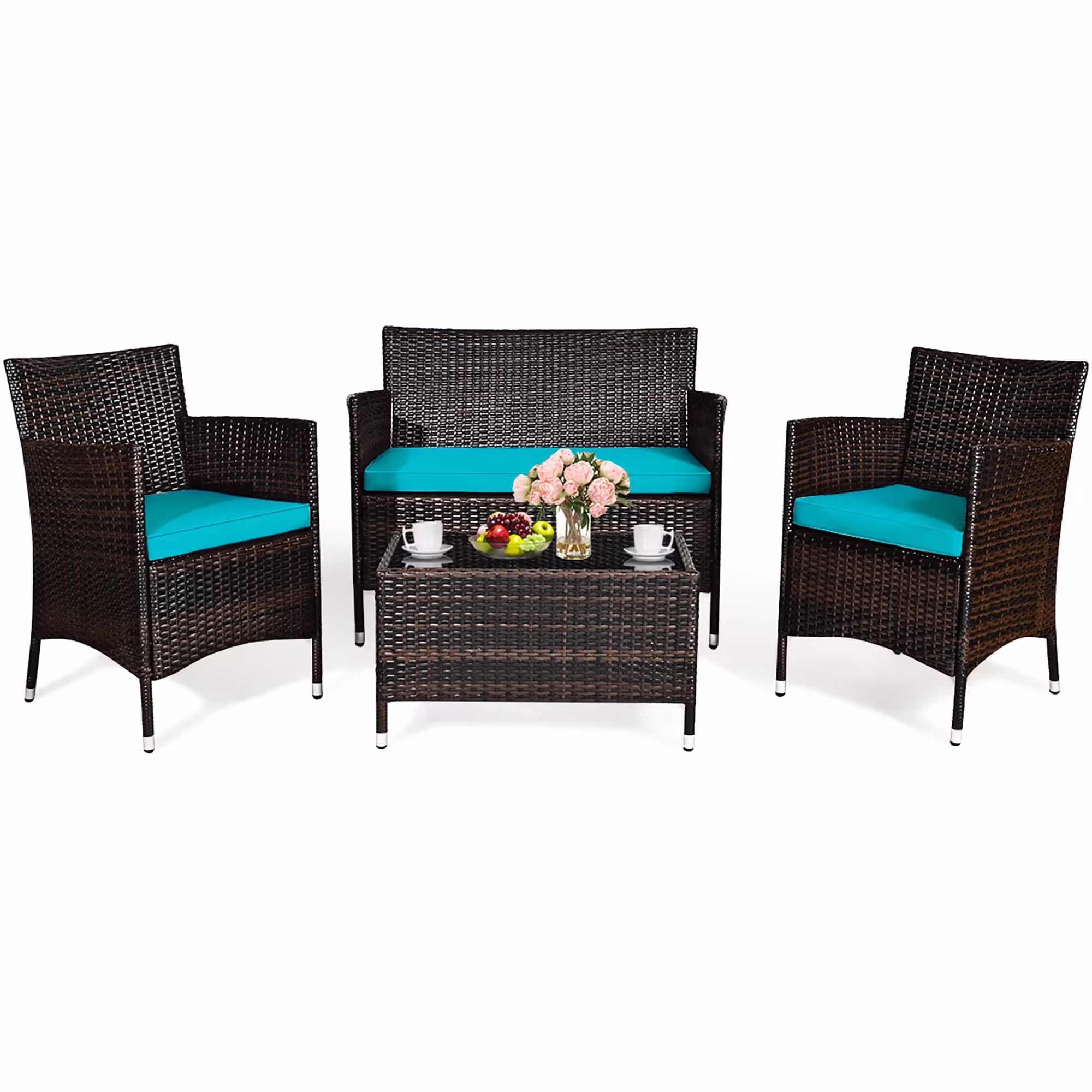 Costway 4PCS Outdoor Patio PE Rattan Wicker Table Shelf Sofa Furniture Set With Cushion